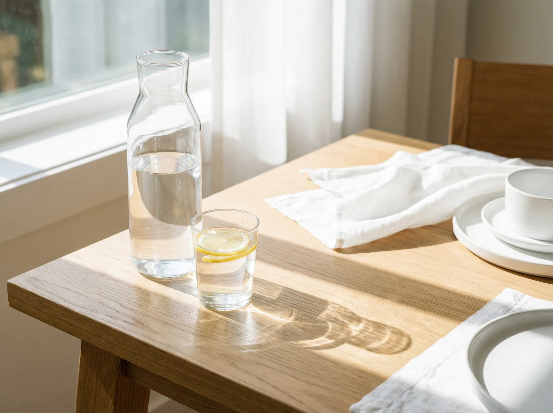 Glass water bottle and lemon water on a wooden table in sunlight