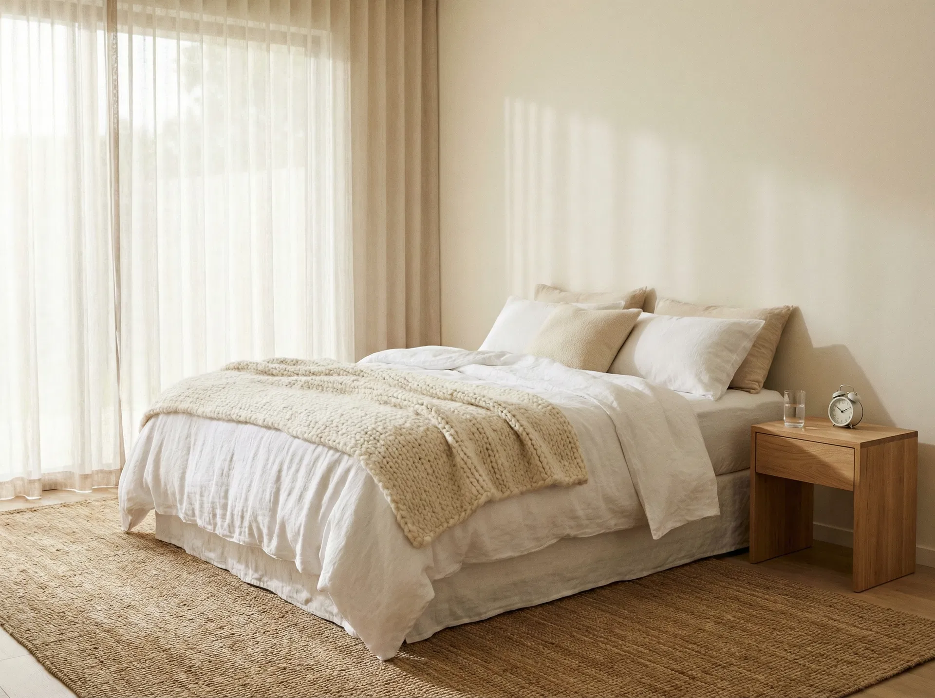 Peaceful bedroom with white linen in morning light