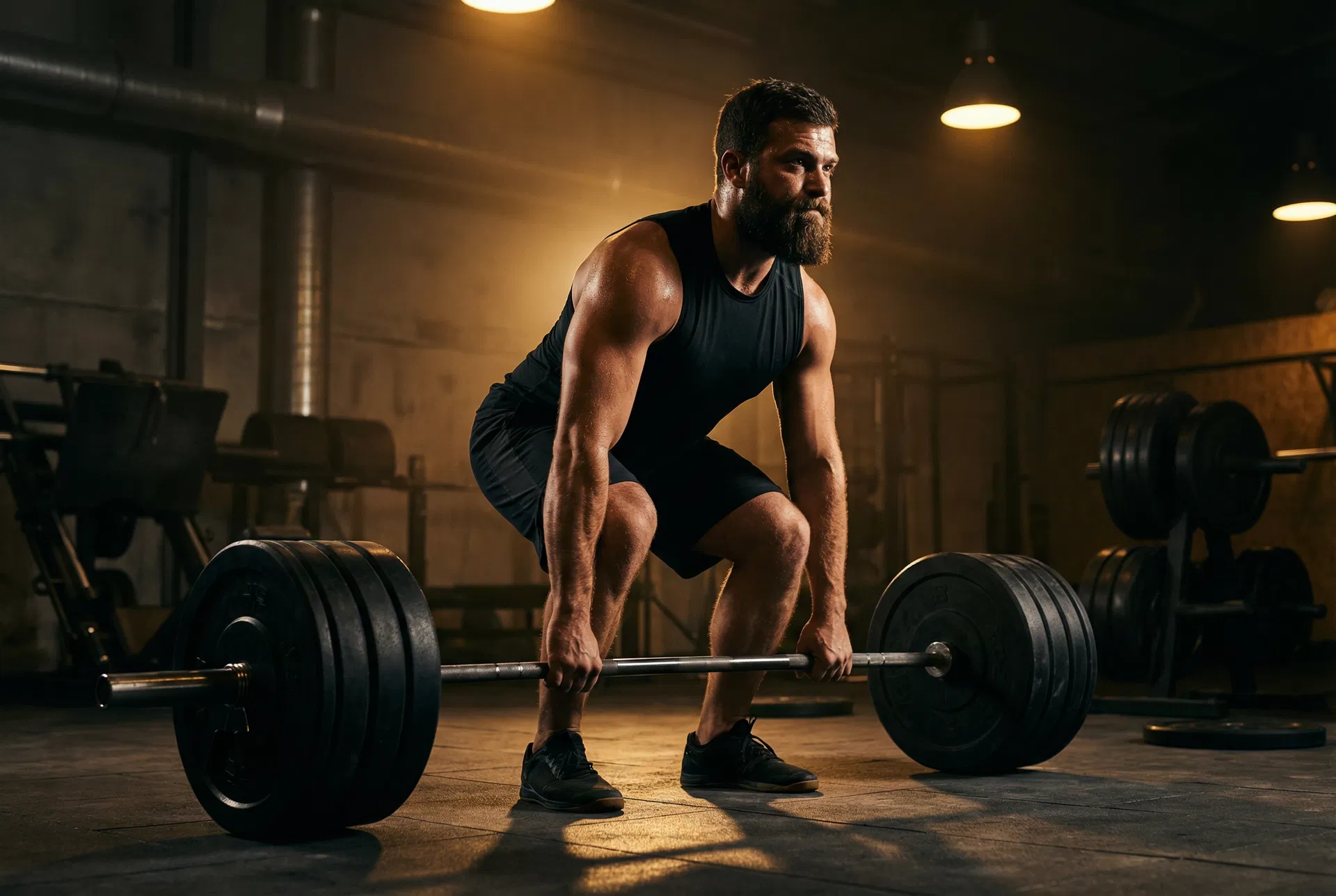 Man performing a heavy barbell deadlift in a dark gym