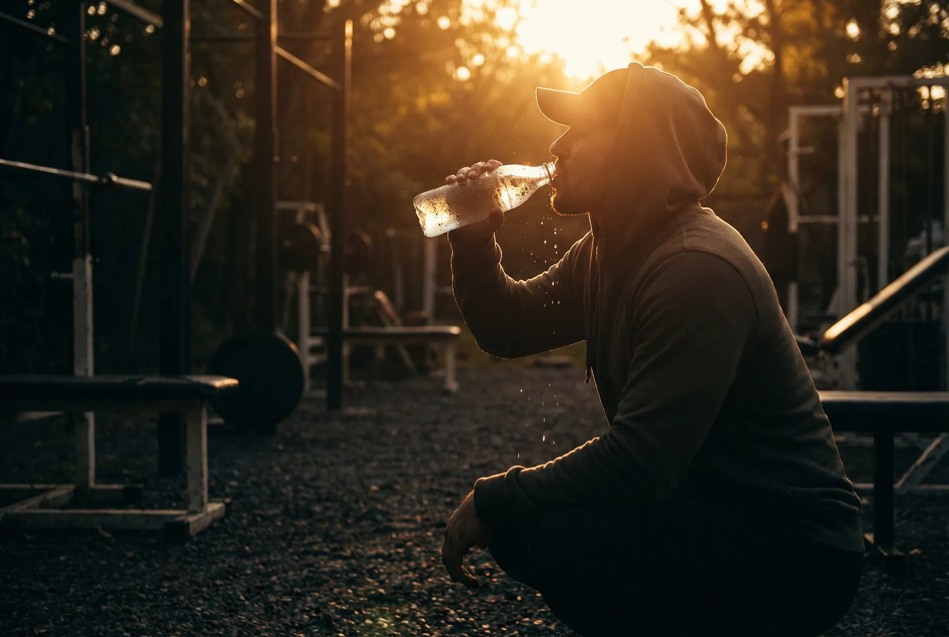 Man drinking water after a workout at golden hour