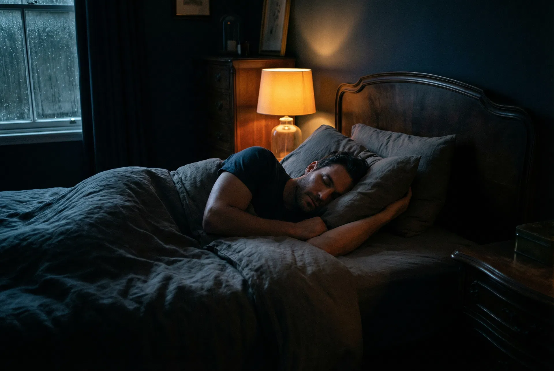 Man sleeping peacefully in a dark bedroom