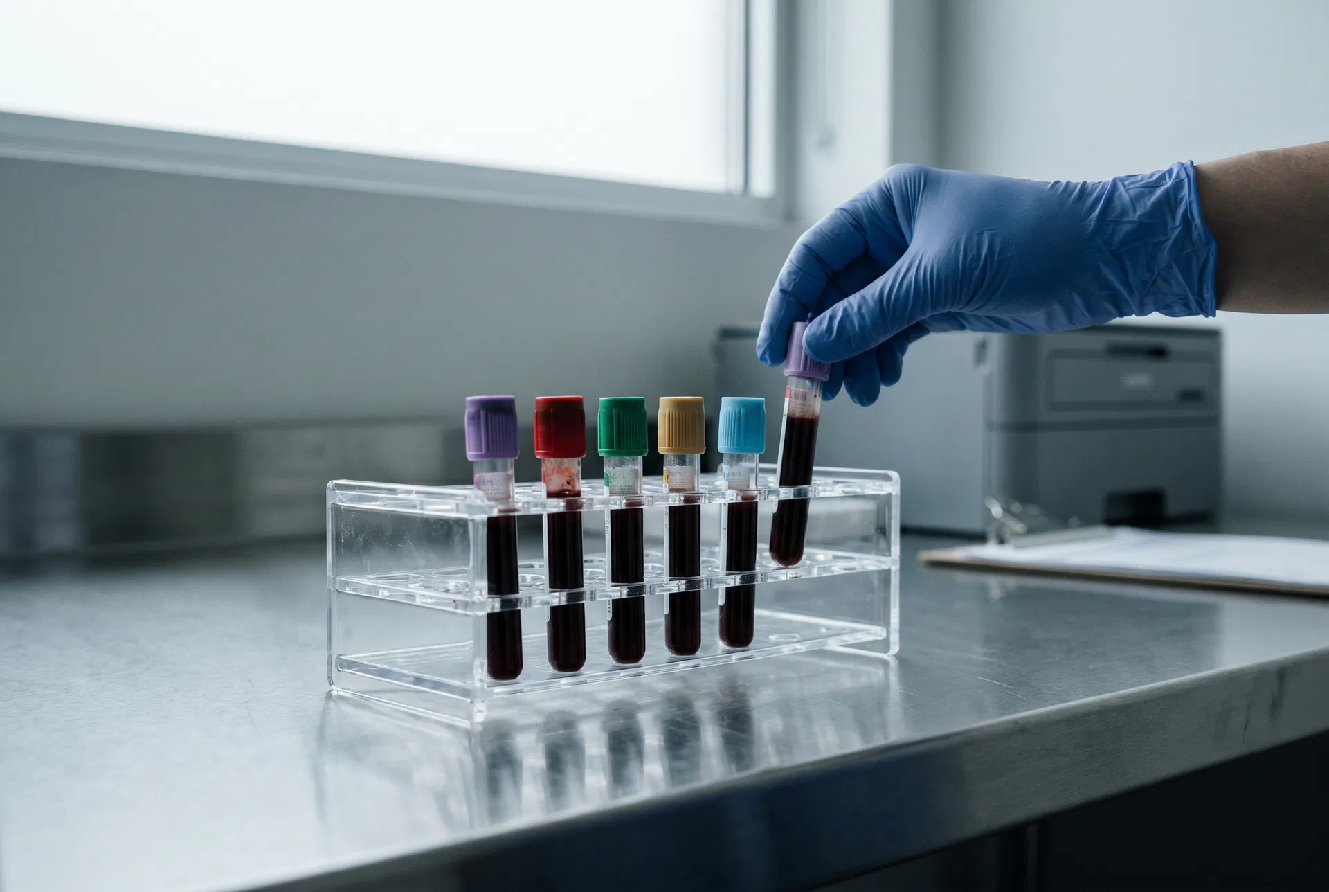 A row of clinical blood collection vials in a rack on a stainless steel laboratory bench, a gloved hand placing one in.