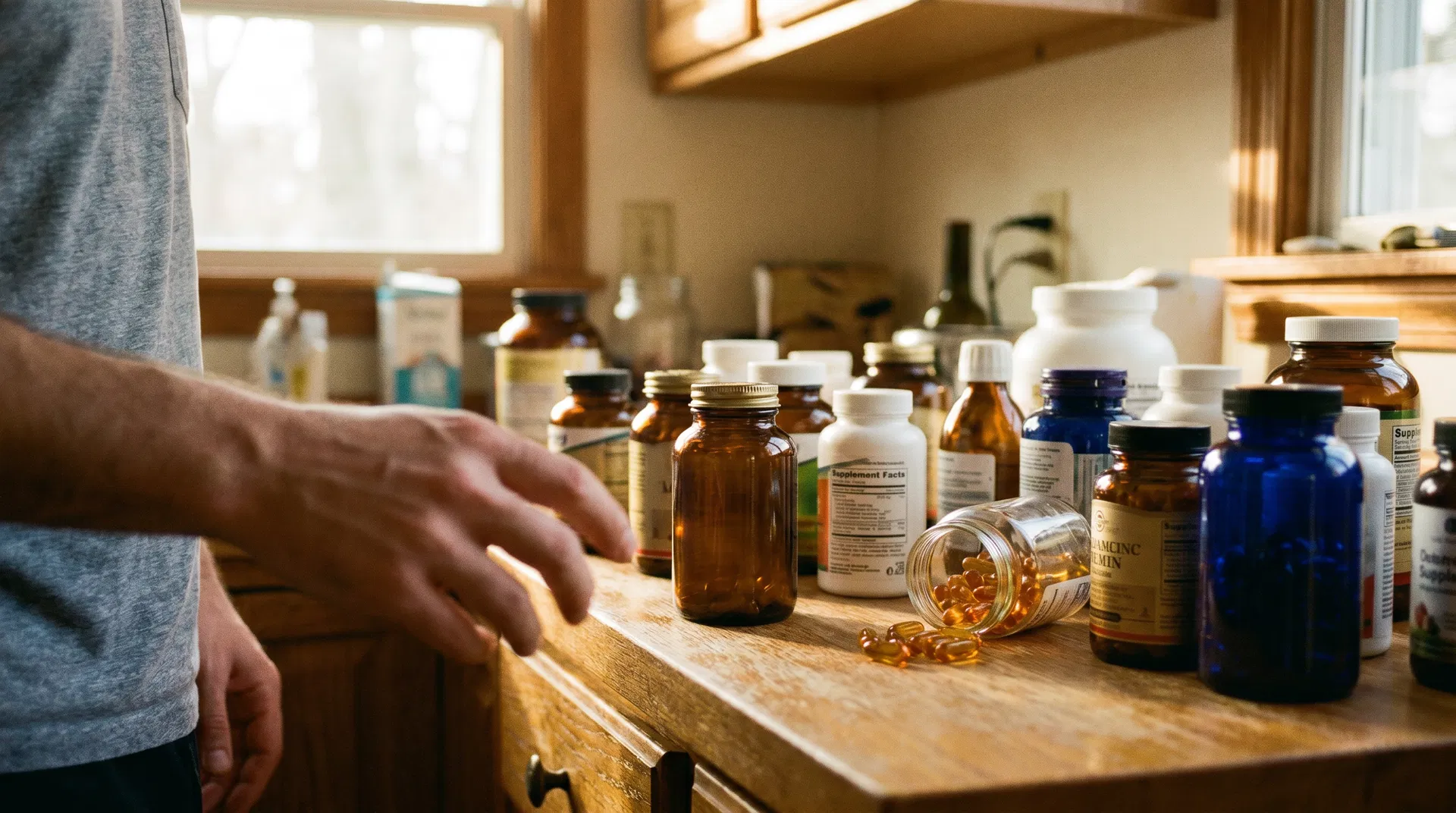 A cluttered kitchen counter covered with a dozen unbranded supplement bottles in morning light.