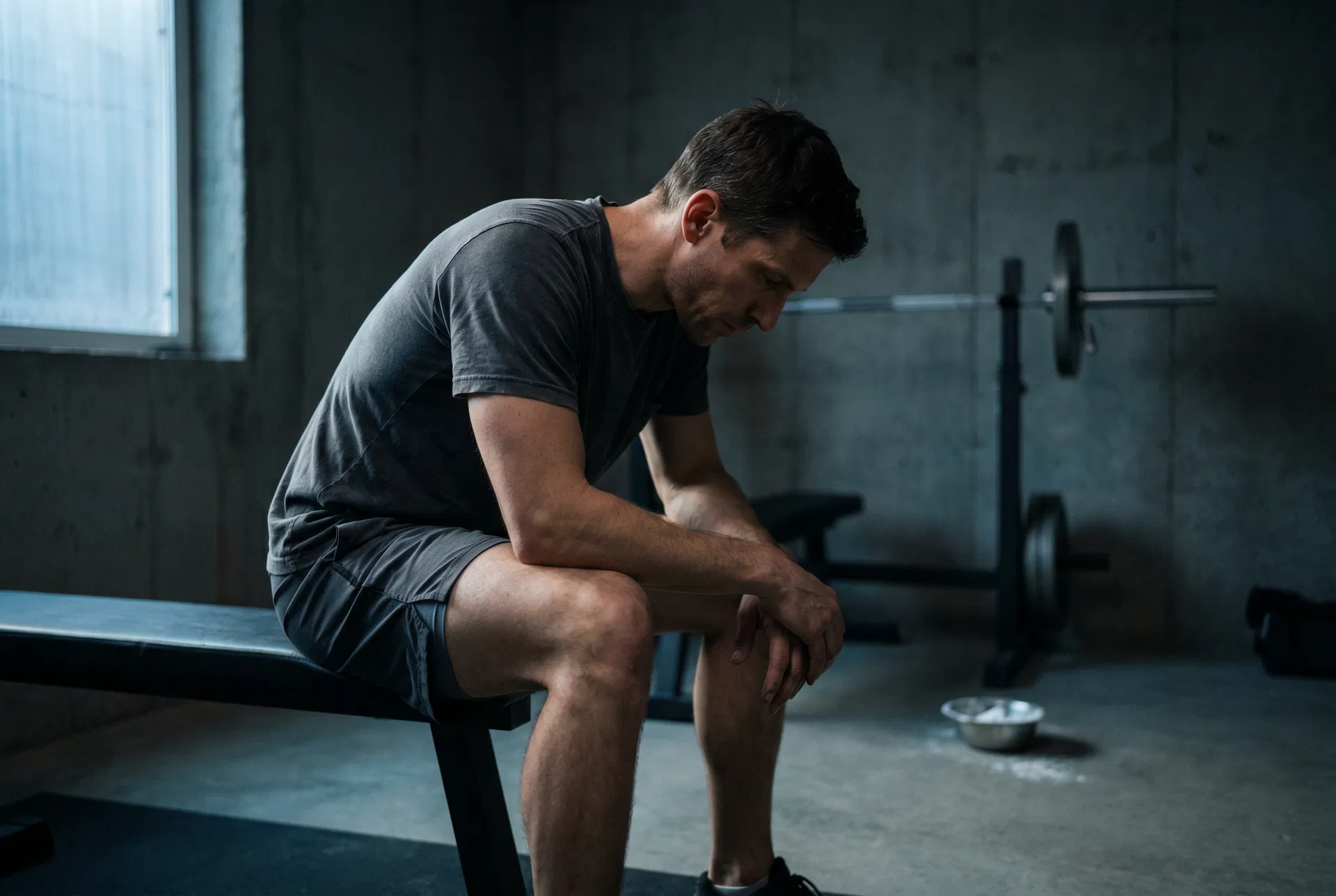 A man in plain training clothes seated on a flat bench in a dim home gym at dawn, head down.