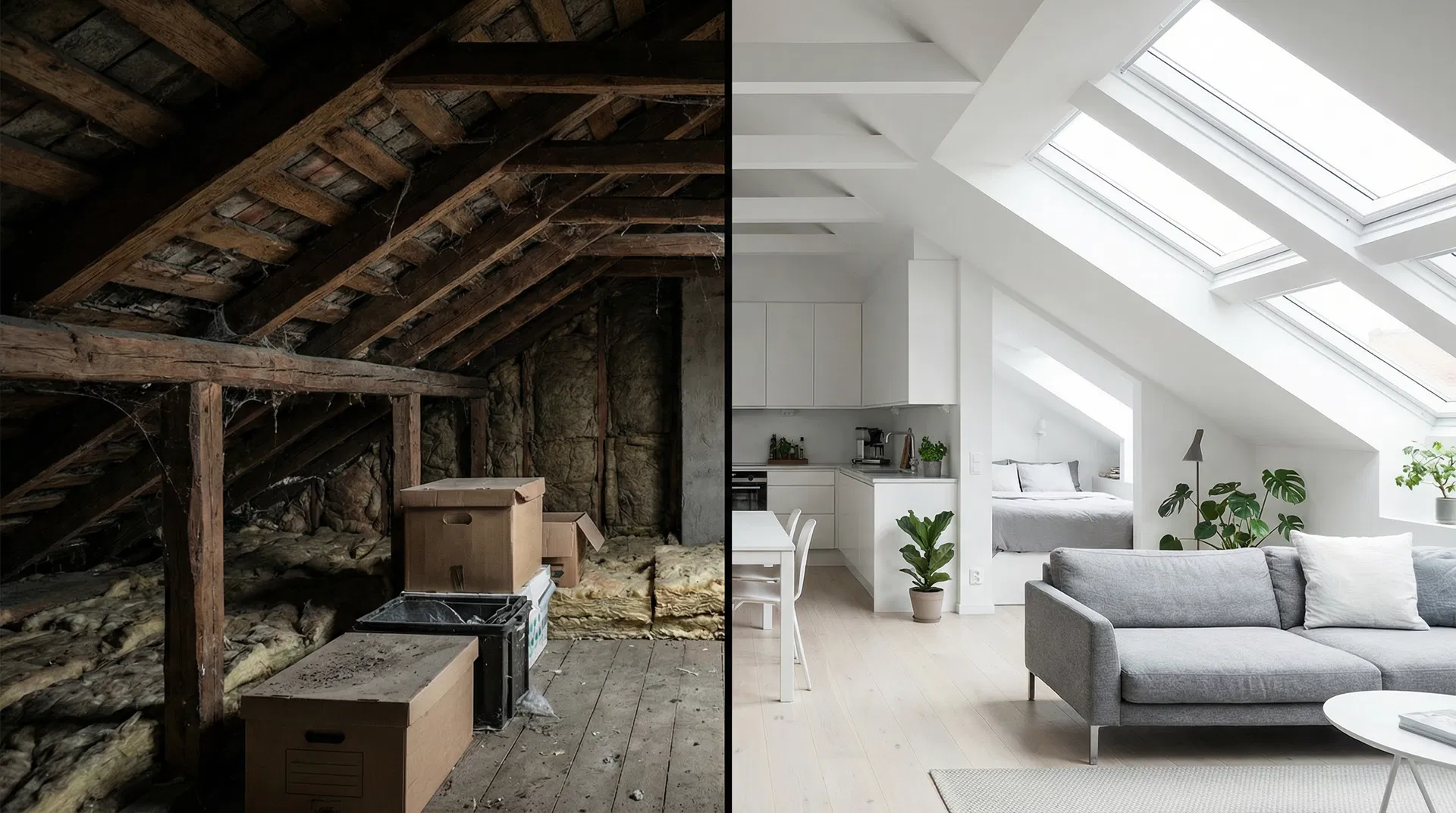 Råvind omvandlad till modern vindslägenhet med terrass och takfönster