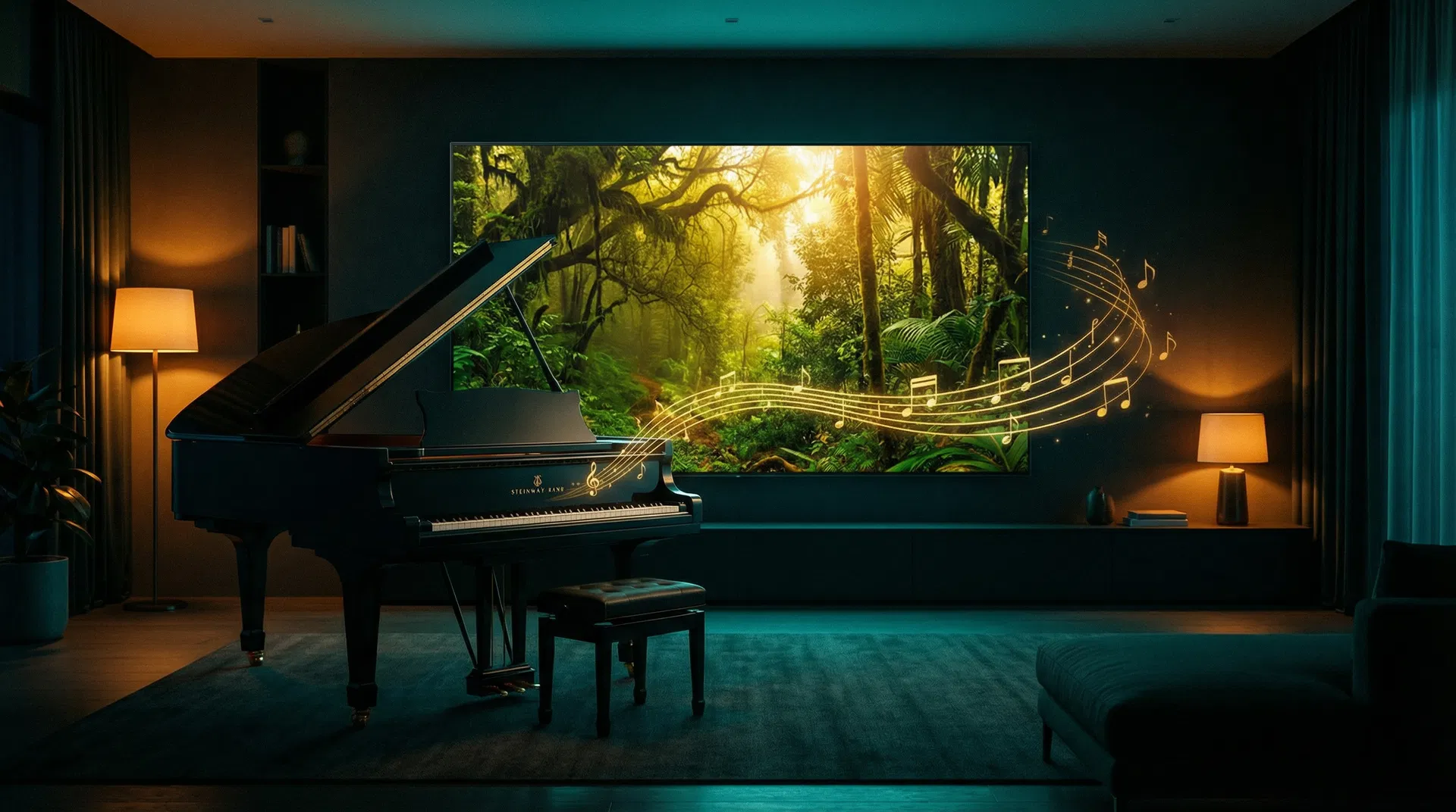 Grand piano with Amazon 4K ambient display