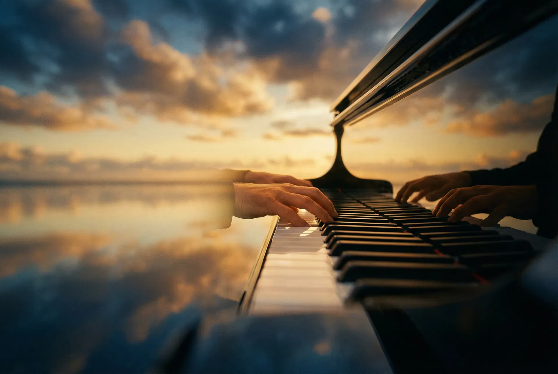Pianist hands over ocean at golden hour