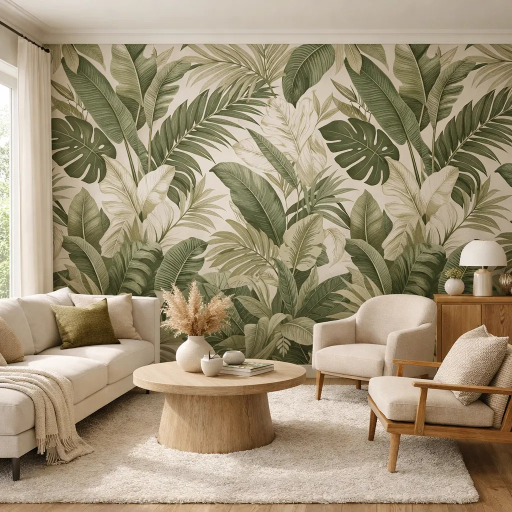 Botanical wallpaper living room