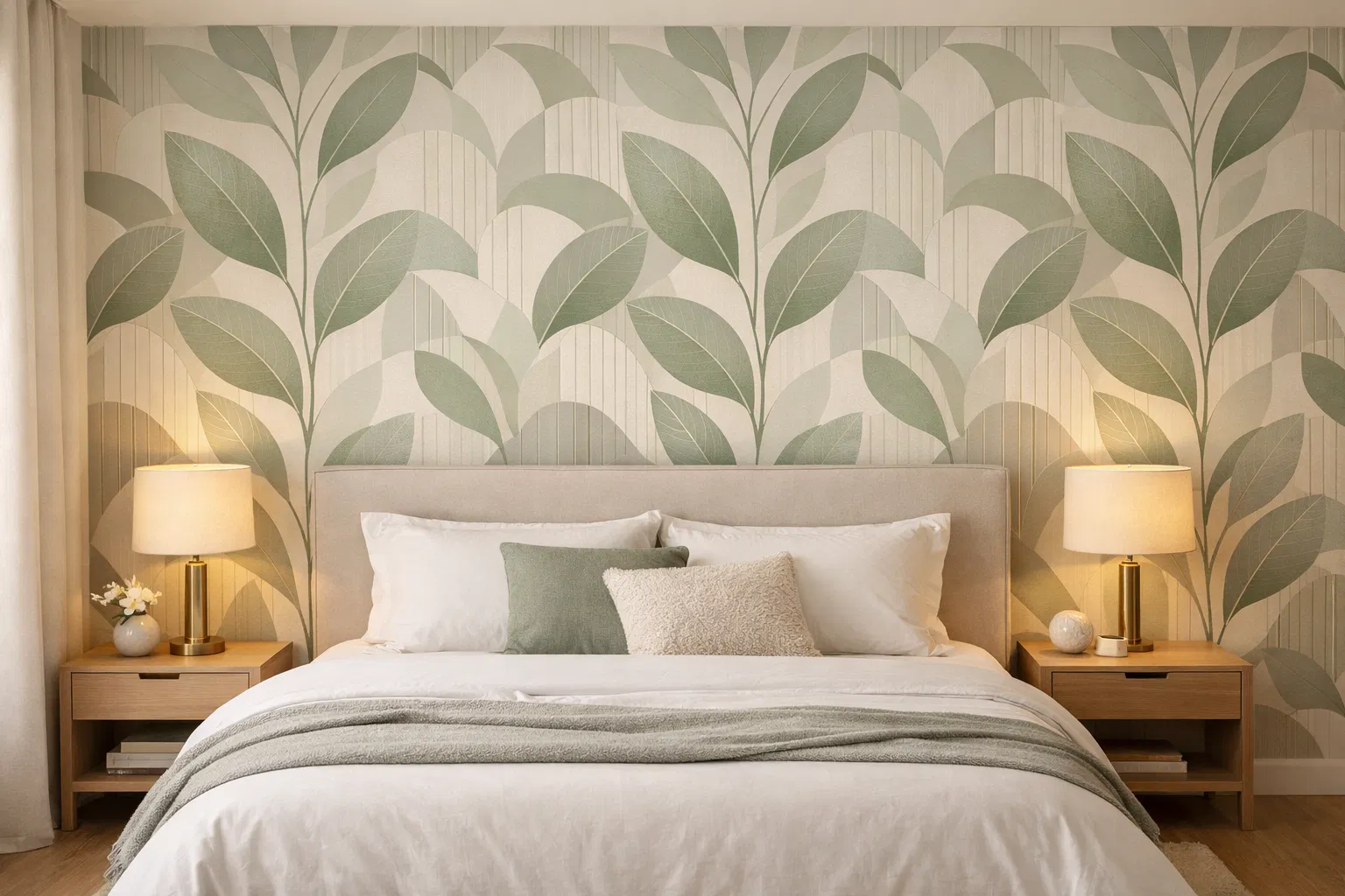 Modern bedroom wallpaper installation