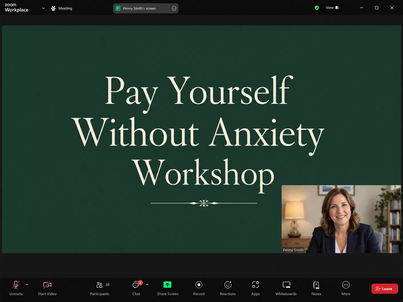 Penny presenting the Pay Yourself Without Anxiety Workshop on Zoom