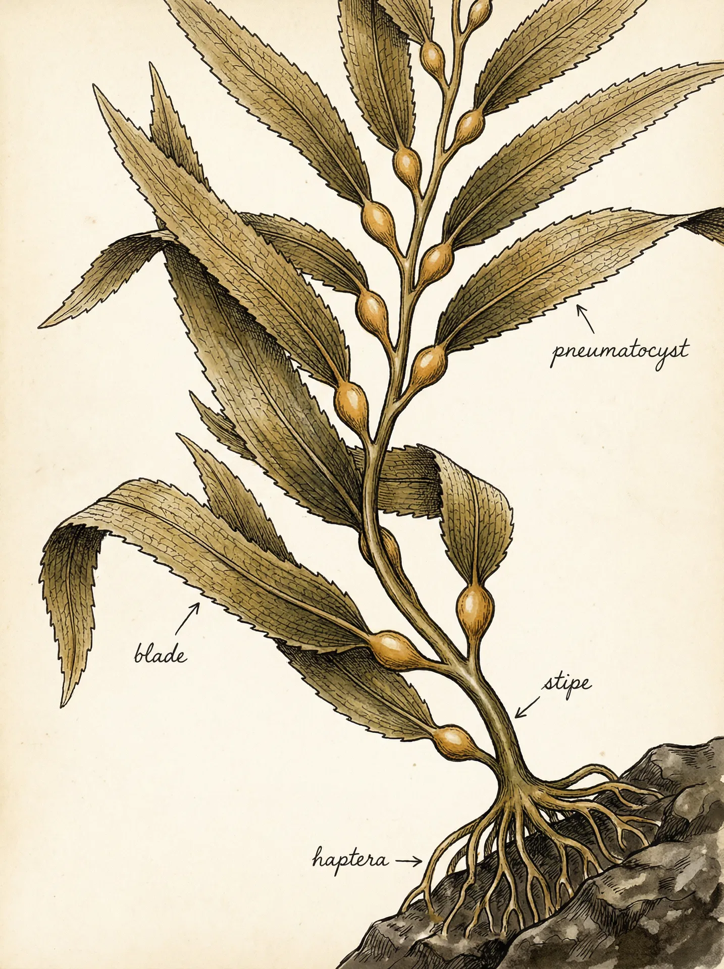 Giant Kelp (Macrocystis pyrifera) — Botanical illustration — Sunshine Coast Seaweeds
