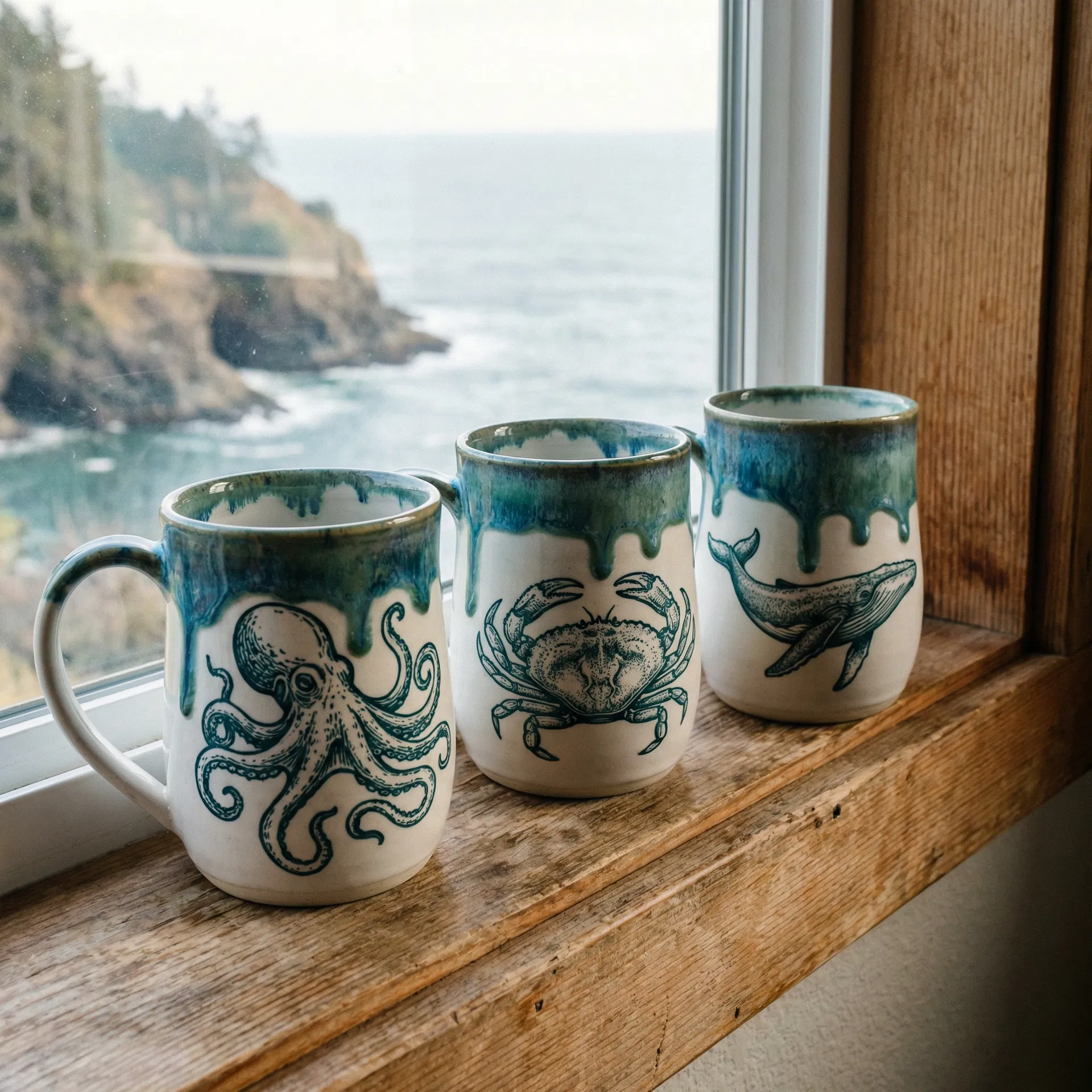 Alex Ceramics stoneware mugs with Pacific Northwest wildlife illustrations