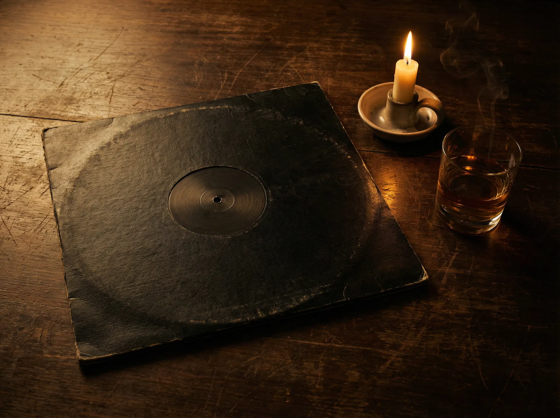A black vinyl record on a wooden table, candlelight, whisky — tribute to Back in Black