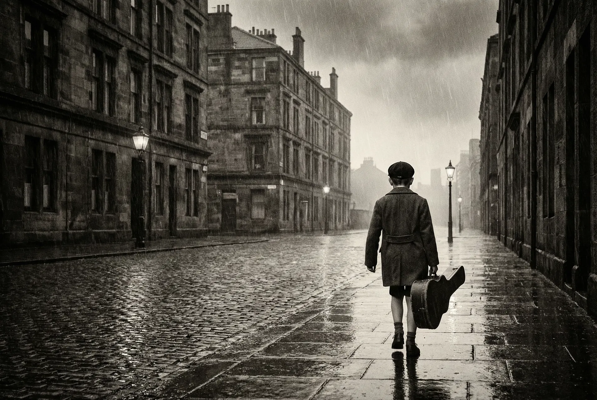 A boy with a guitar case on a rainy Glasgow street — editorial illustration