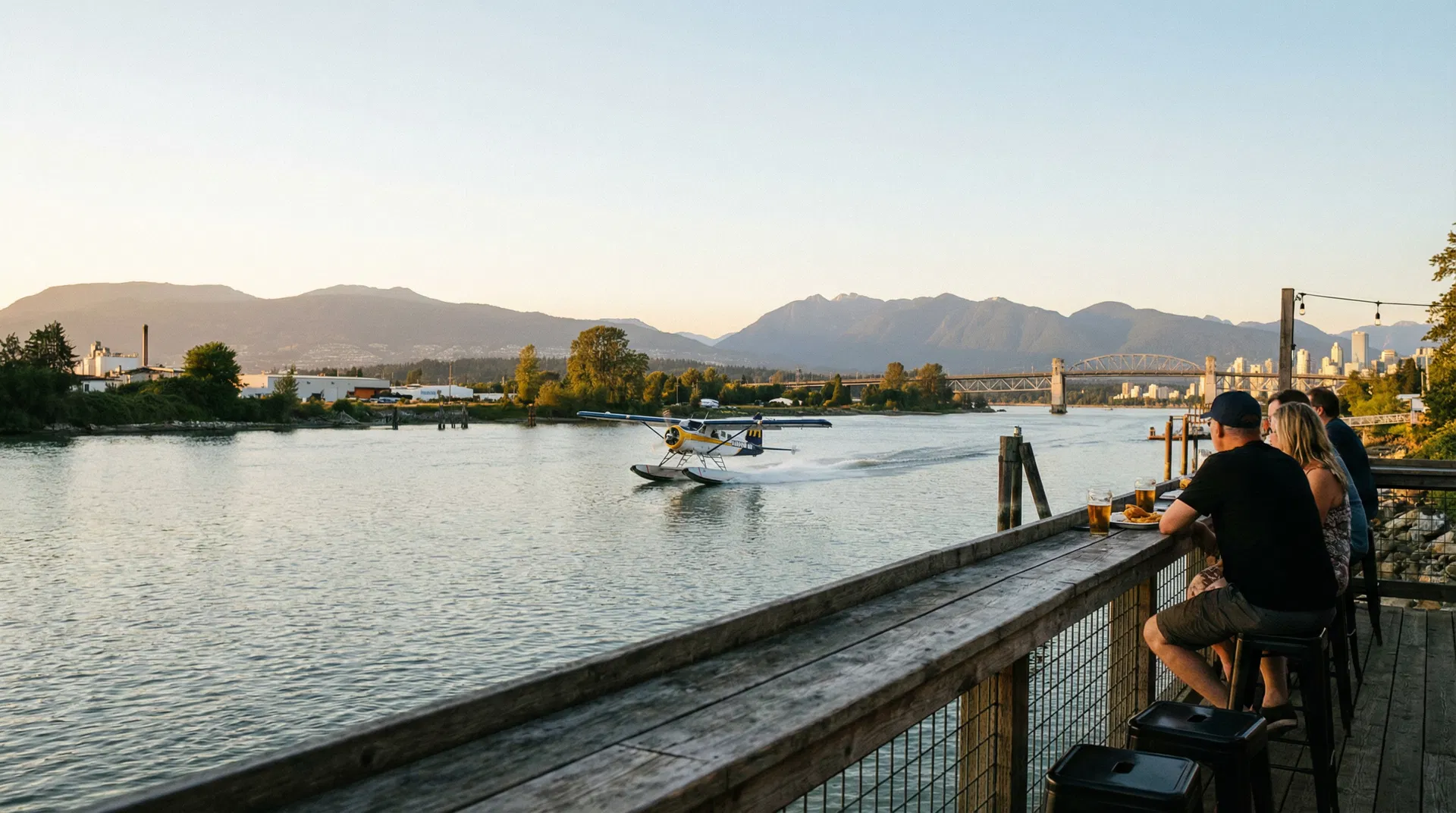 View from The Flying Beaver patio watching a floatplane take off on the Fraser River