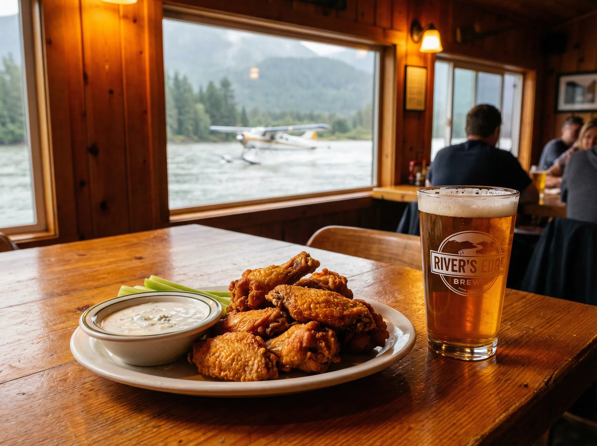 Wings and beer at The Flying Beaver with floatplane in the window