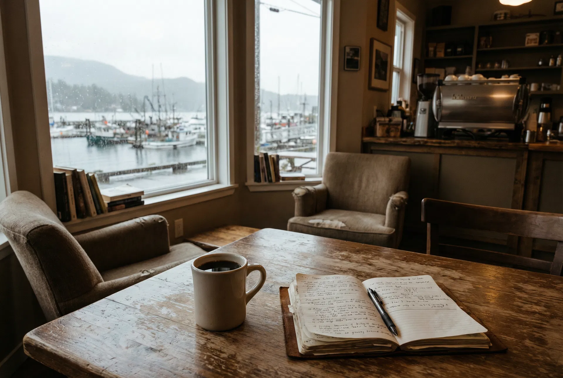 A coffee and notebook at a harbour-view cafe in Gibsons, BC