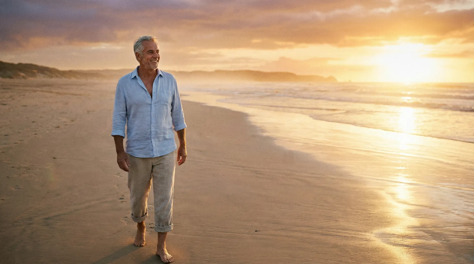 Man walking the beach after hip replacement surgery