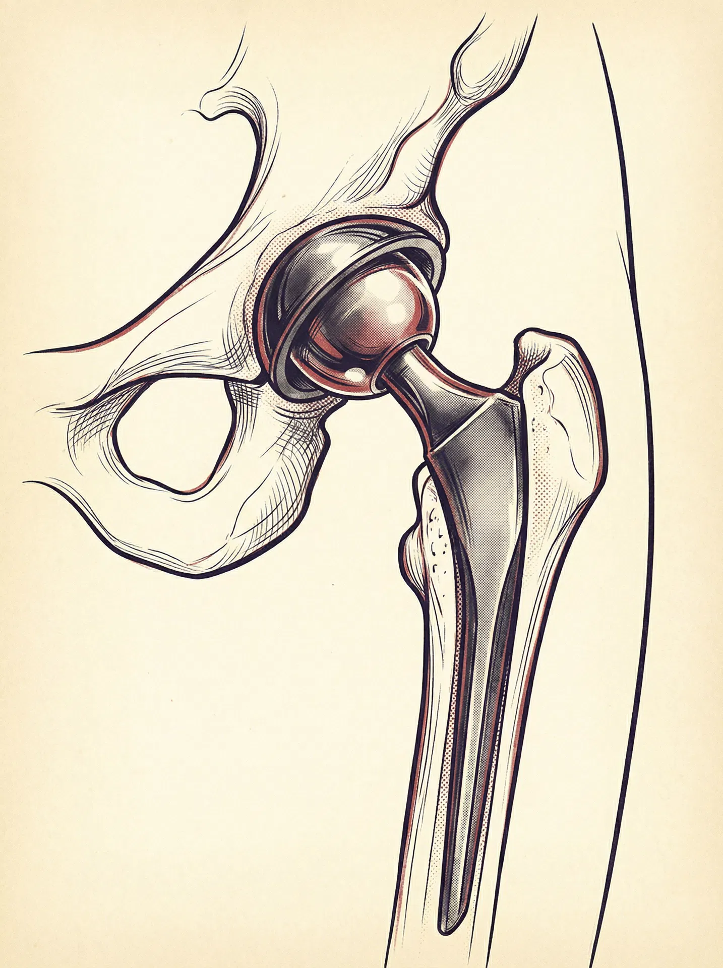 Hip replacement implant diagram — editorial illustration