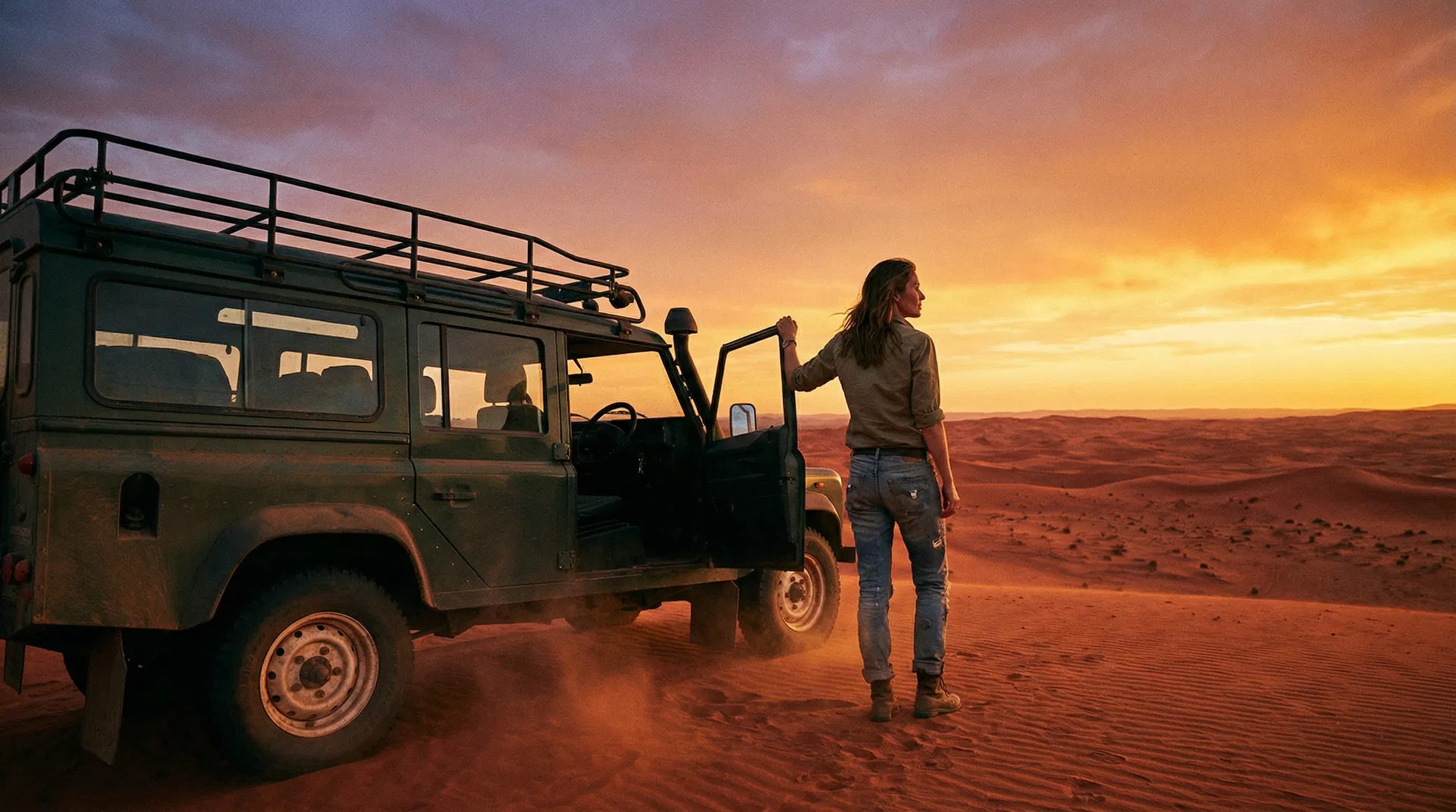Land Rover Defender at golden hour, woman standing by open door