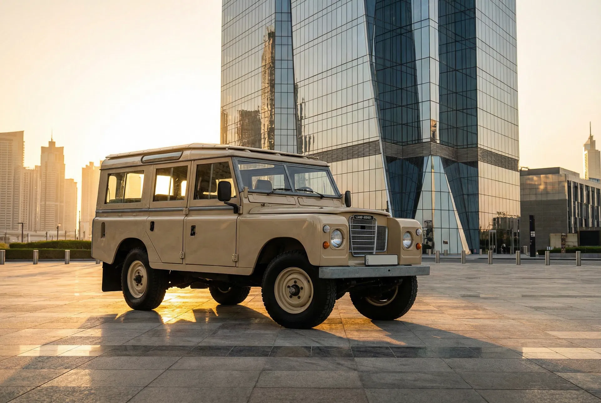 Restored Series III Land Rover in front of Dubai skyline at golden hour