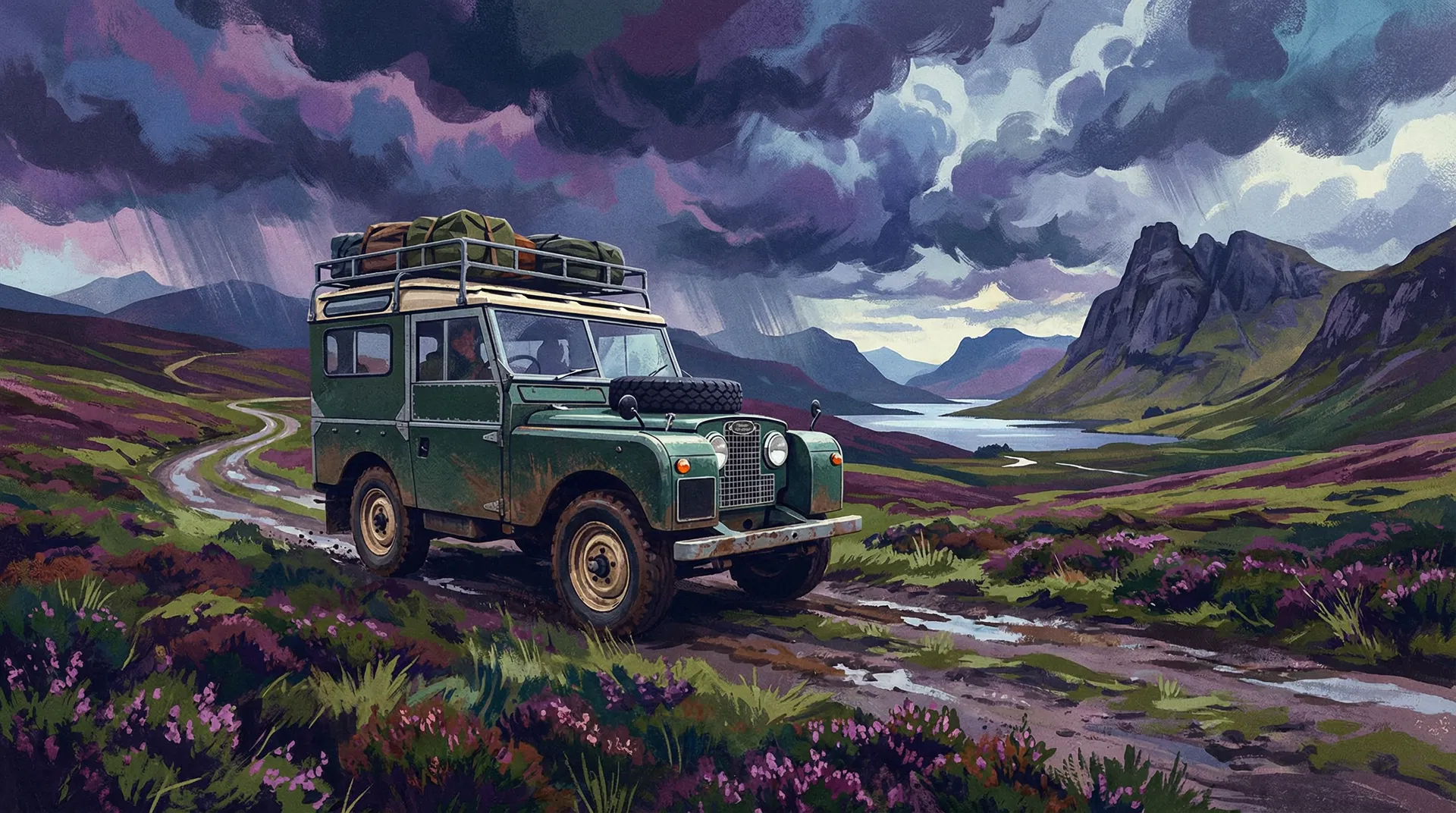 Series Land Rover crossing Scottish highland moorland