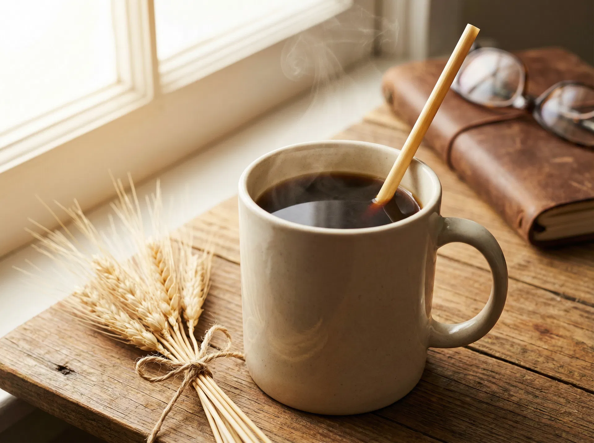 A natural grain straw in a steaming mug of black coffee