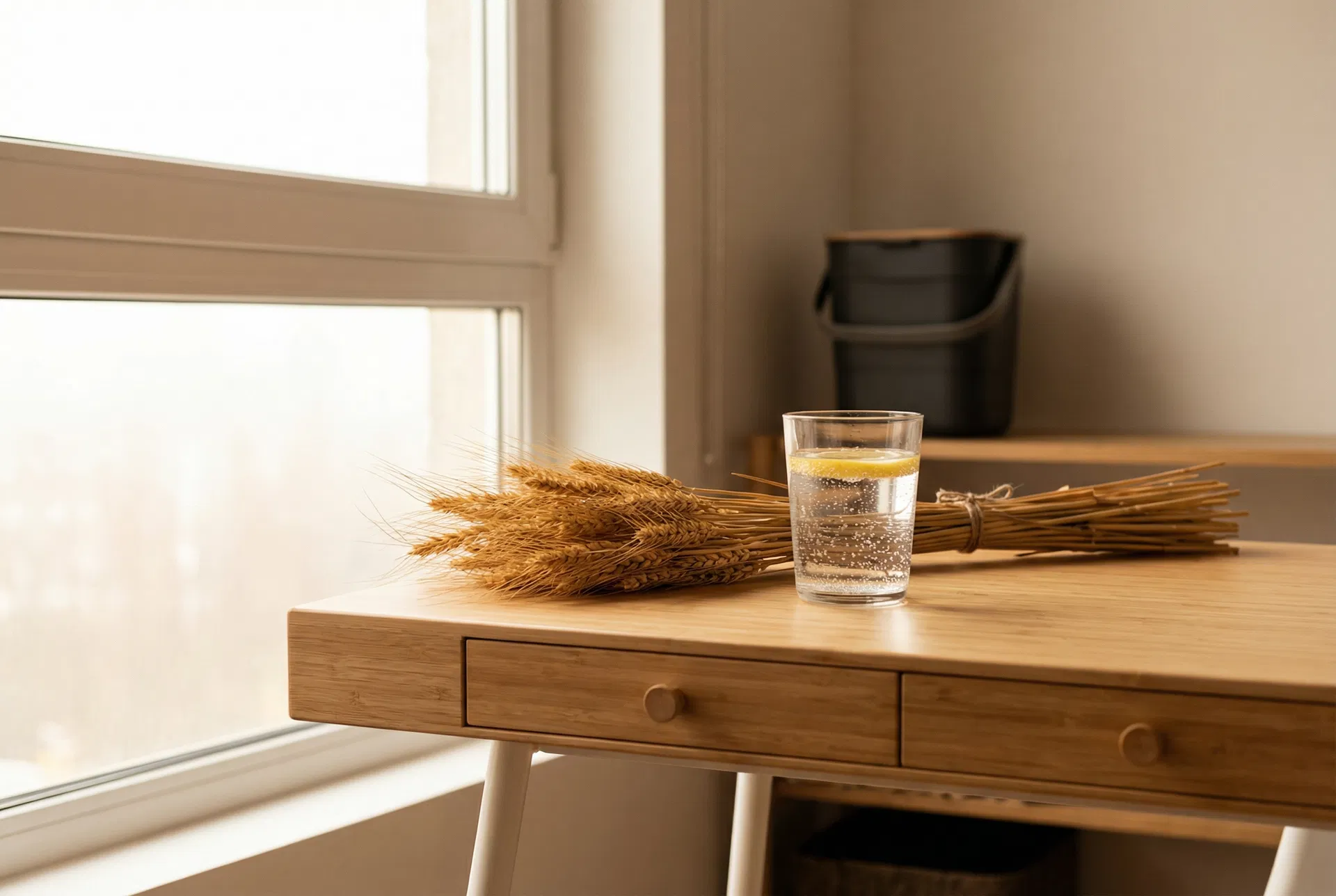 Natural grain straws on an office desk beside a glass of sparkling water
