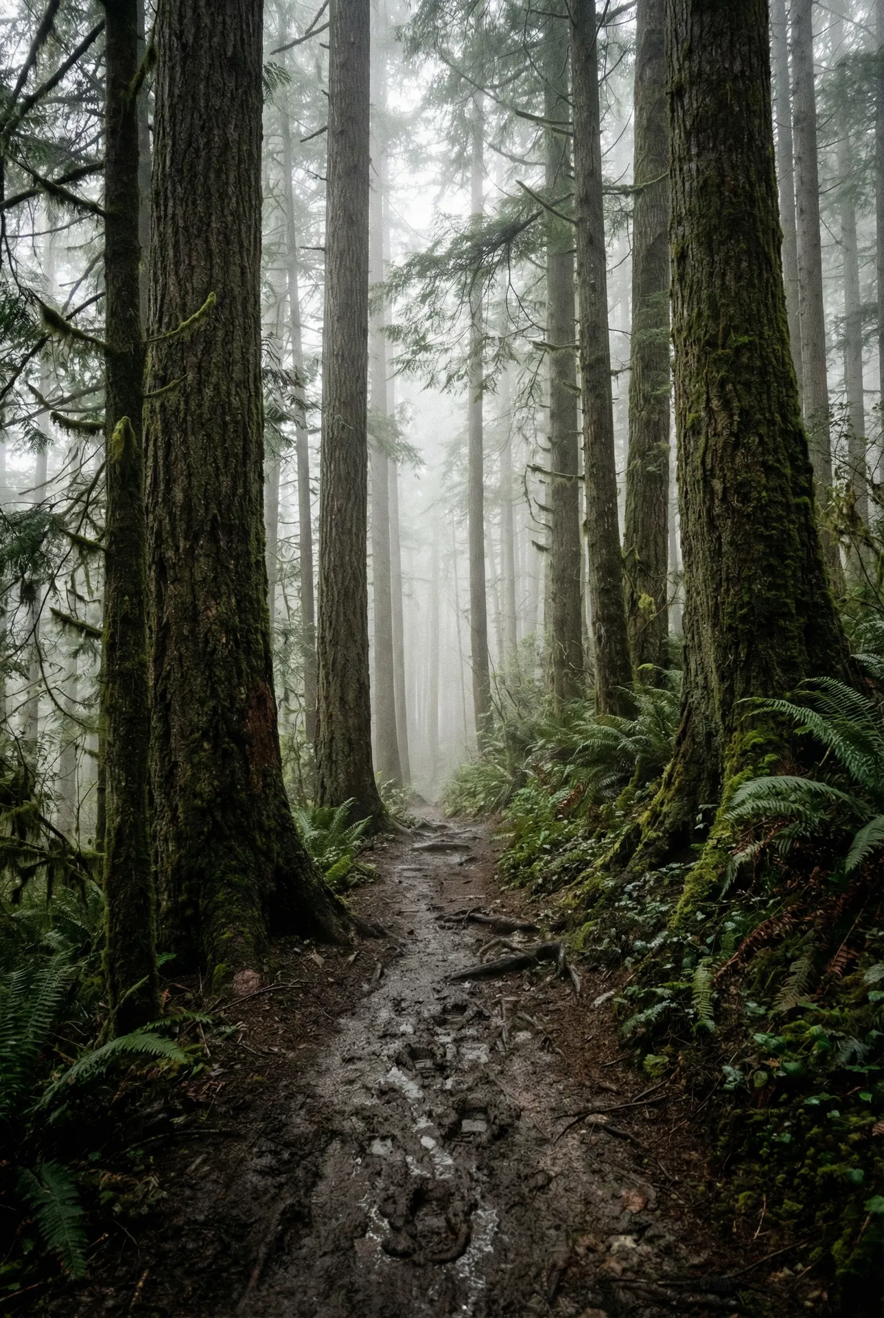 A muddy trail through Douglas fir forest in Roberts Creek, BC