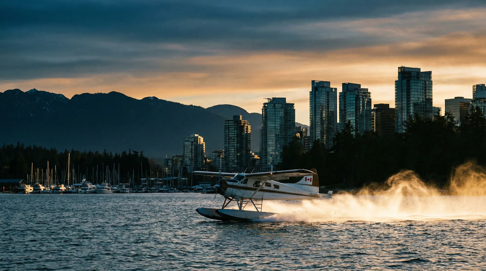 Floatplane taking off from Vancouver Harbour at dawn