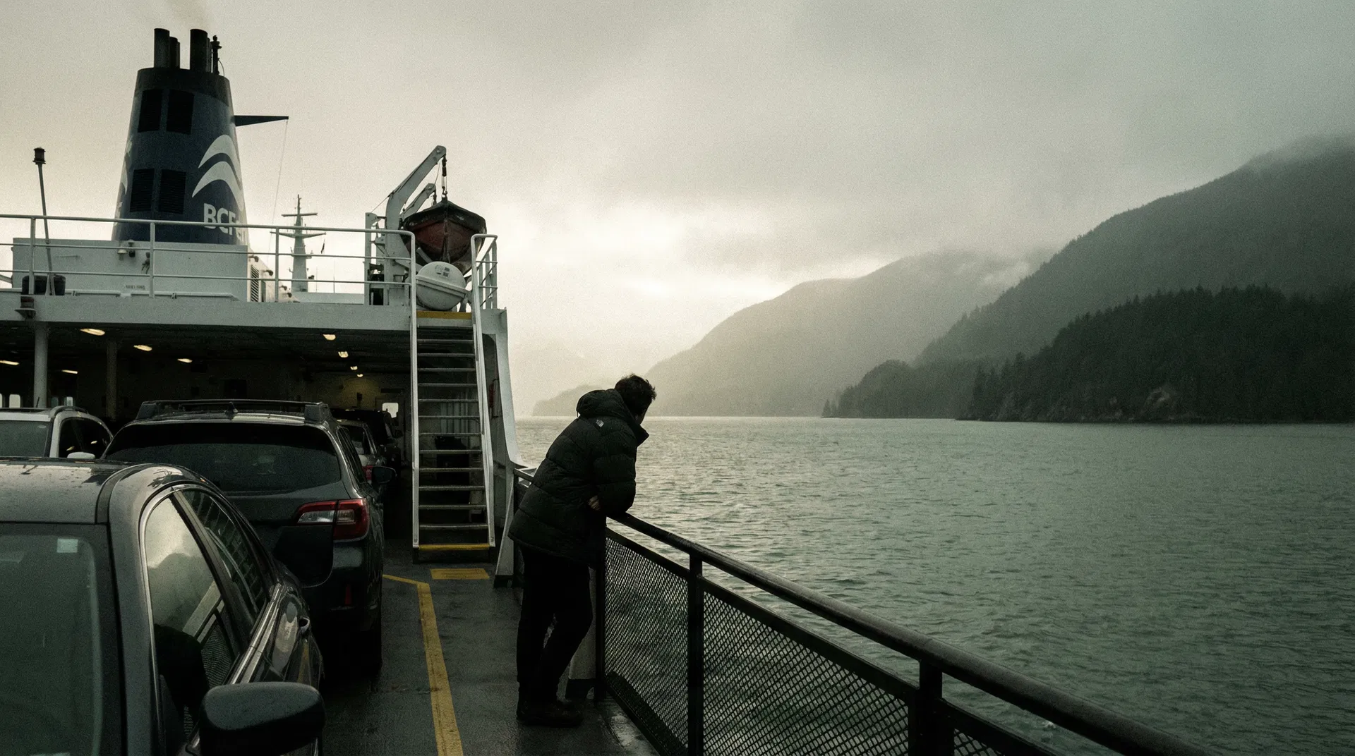 BC Ferries crossing Howe Sound in the rain