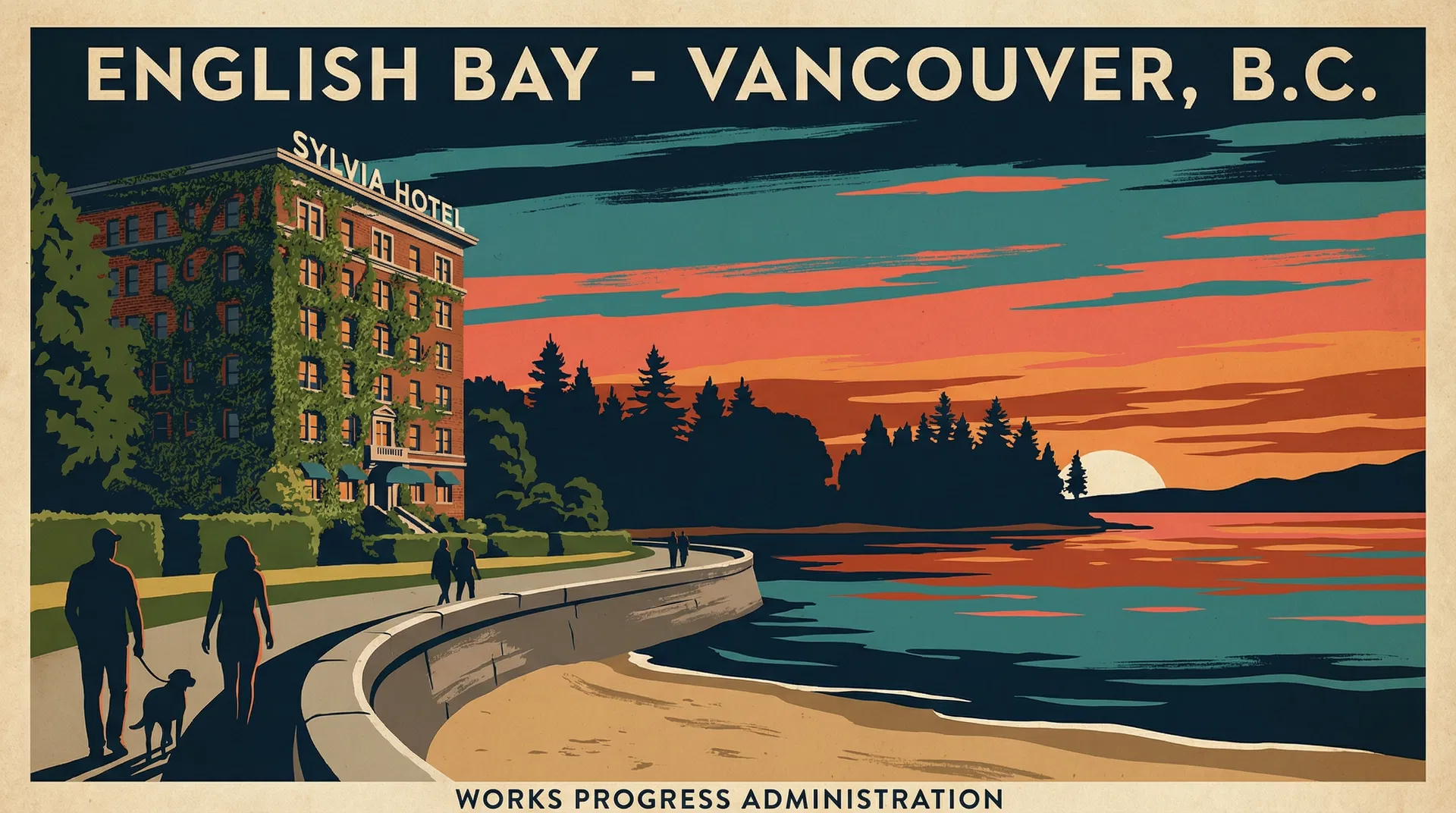 English Bay seawall at sunset with the Sylvia Hotel