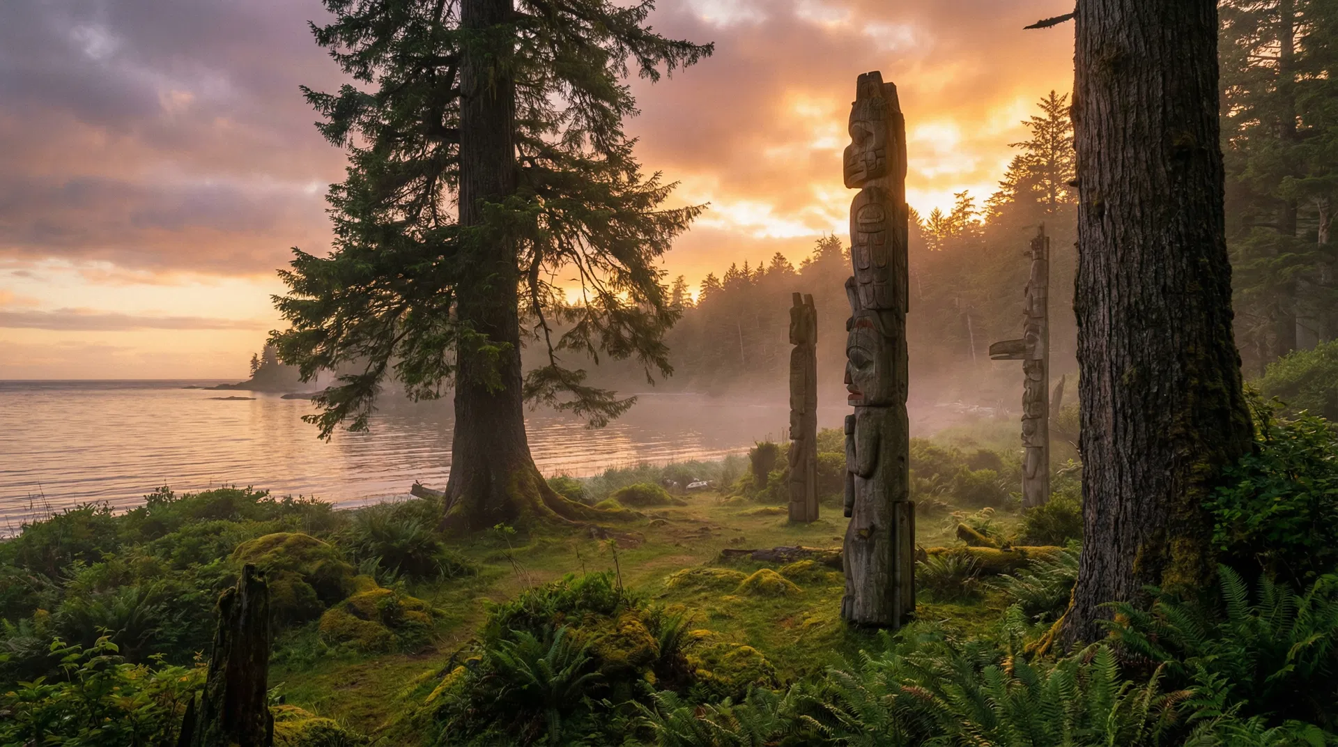 Haida Gwaii coastline at golden hour with ancient totem poles