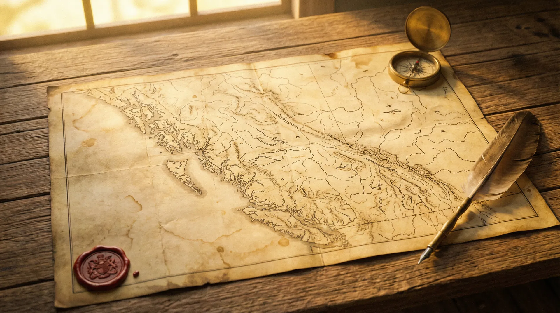 Antique map of British Columbia with compass and quill