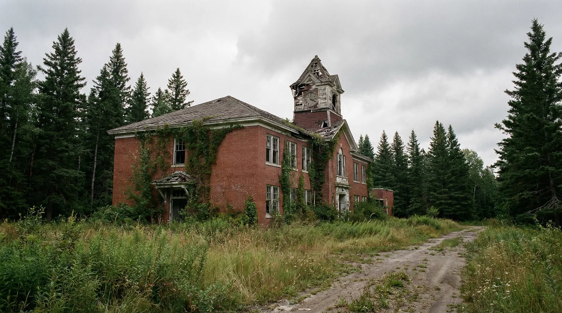 Abandoned residential school building in remote Canadian forest