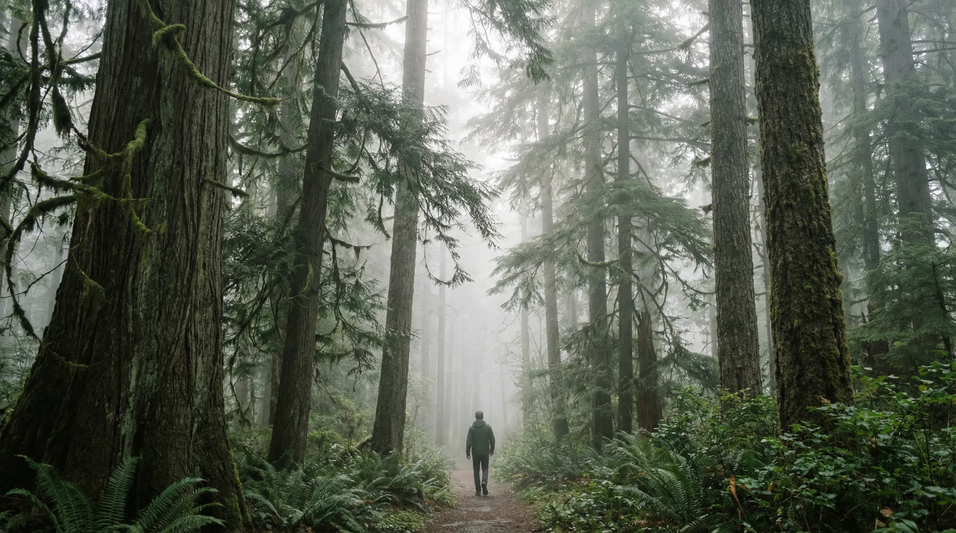 A person walking into a misty old-growth forest on the BC Sunshine Coast