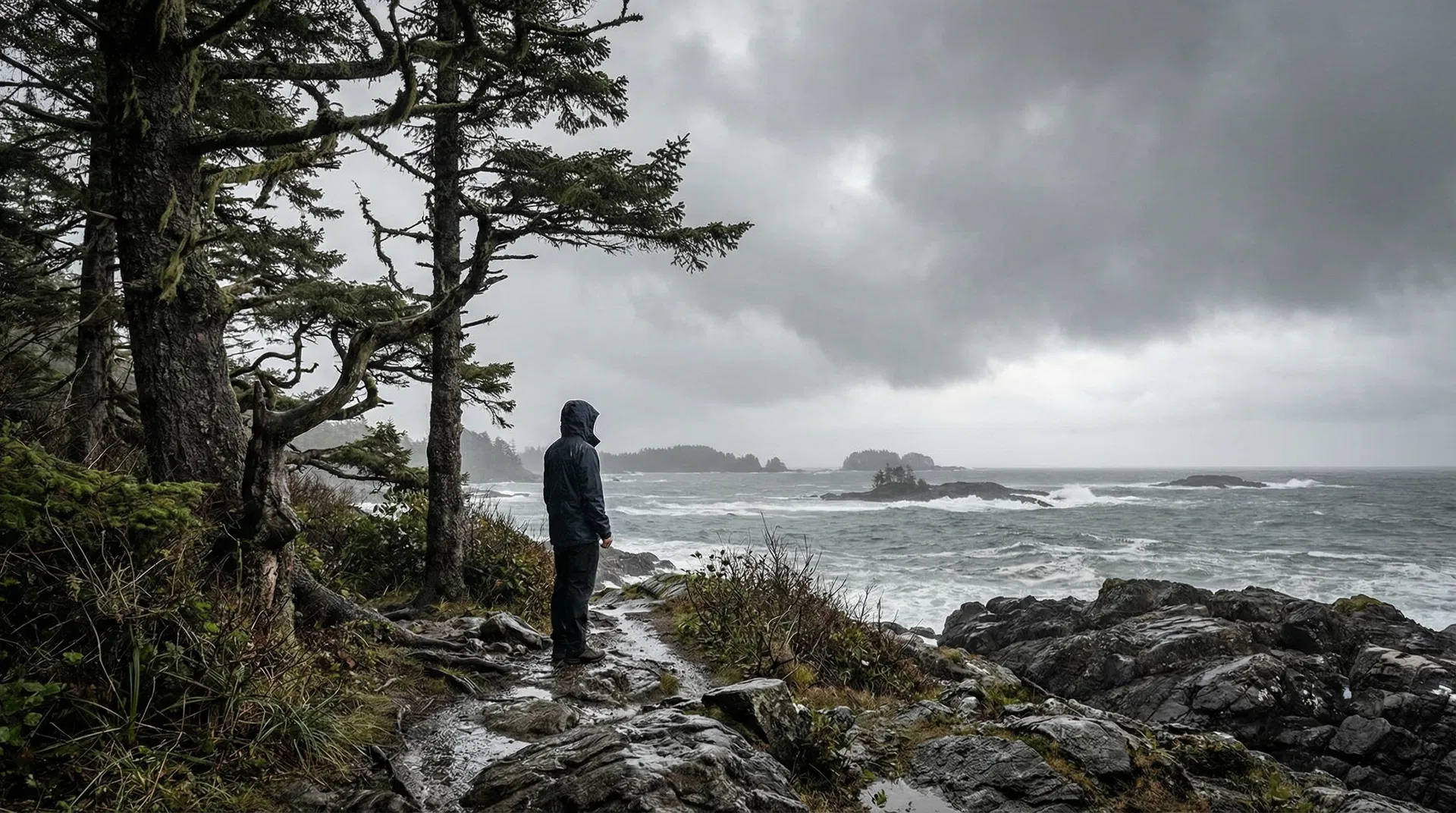 A lone figure on a stormy BC coastal trail