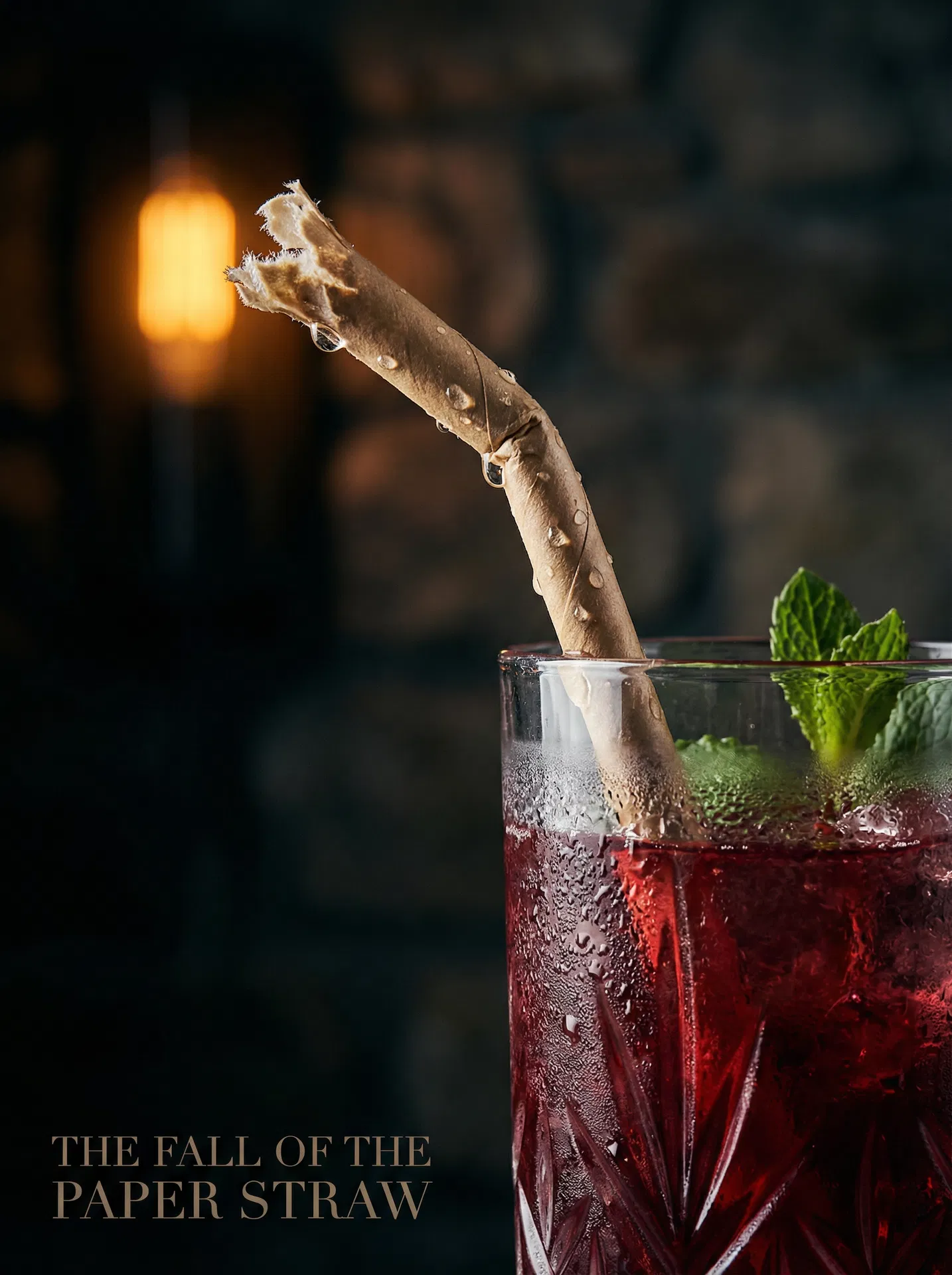 A paper straw collapsing in a cocktail glass