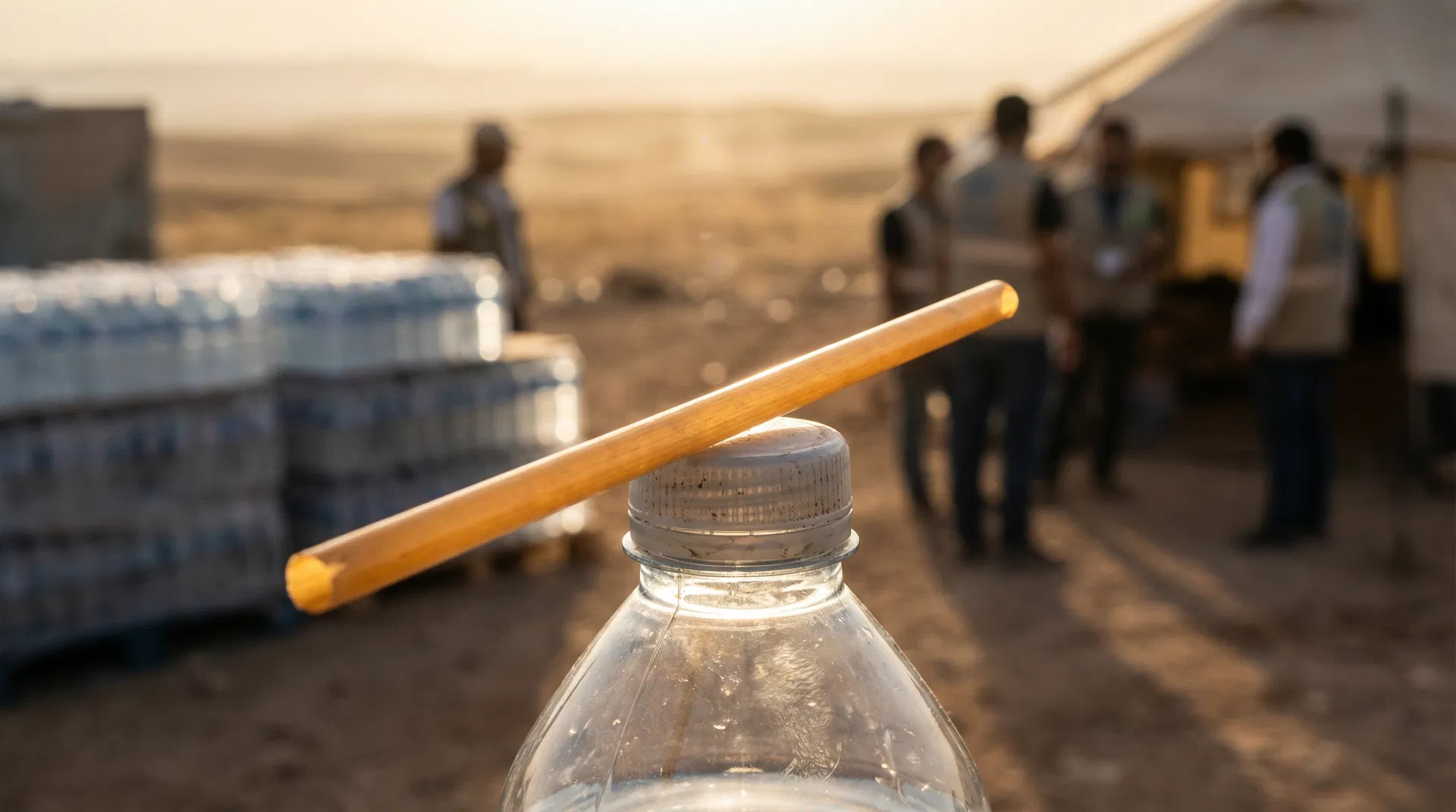 A natural rye straw resting on a water bottle at a disaster relief distribution point, golden hour light