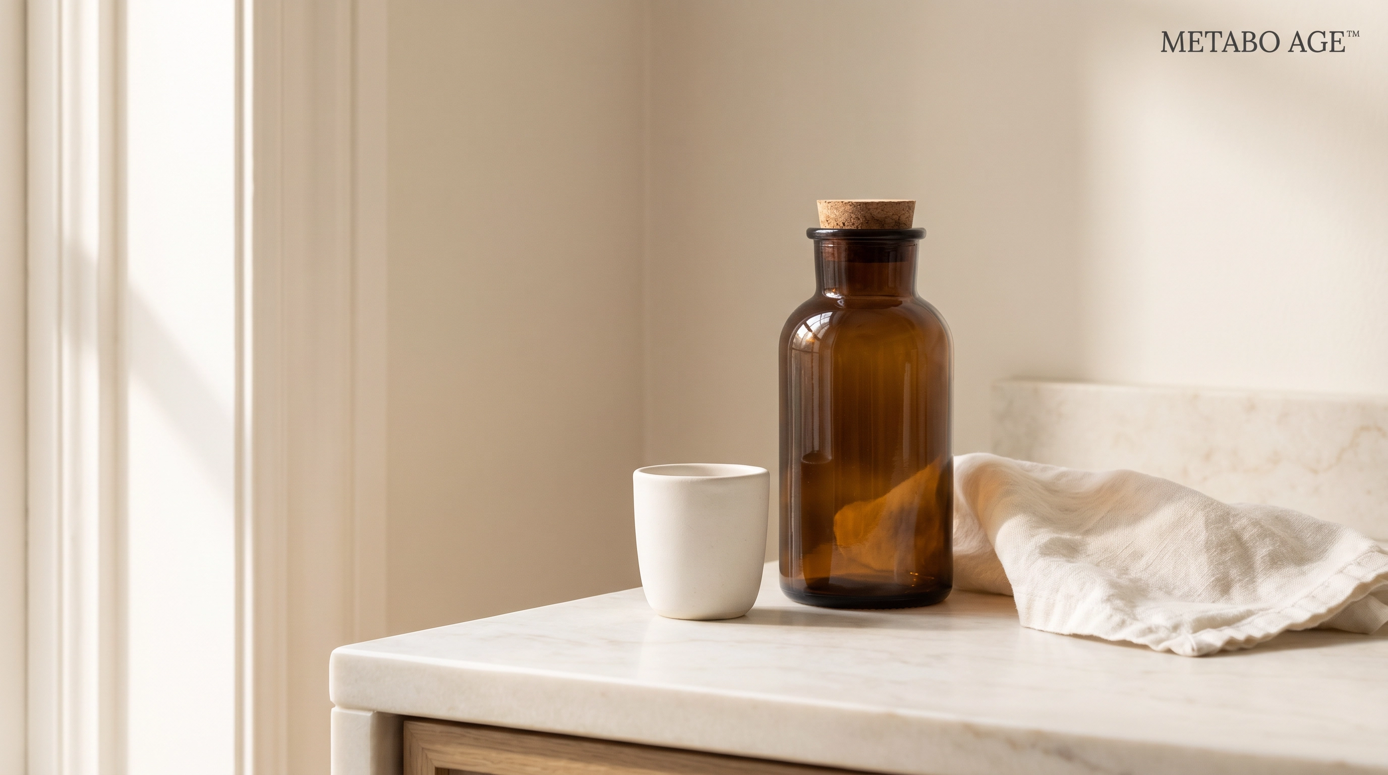 Minimalist flat lay of supplement bottles, a glass of water, and a notebook on a clean white surface