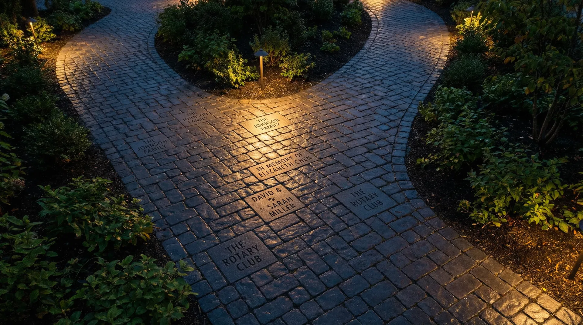 Engraved pavers on the Hilltown Oaks Founding Sponsors Walkway