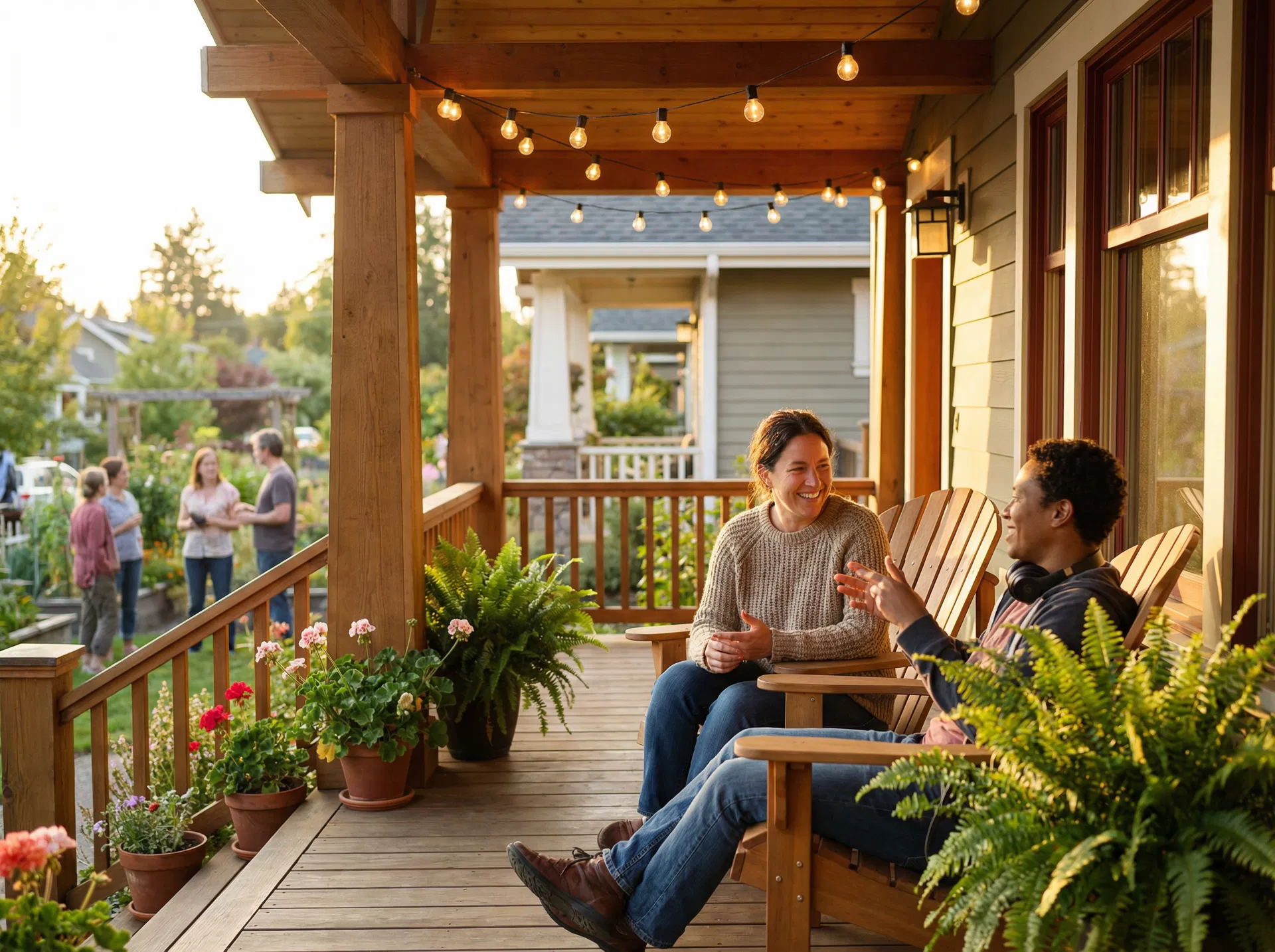 Residents enjoying the front porch of their cohousing community