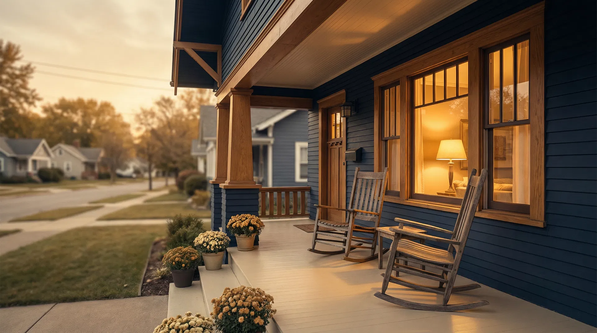 A welcoming front porch at golden hour