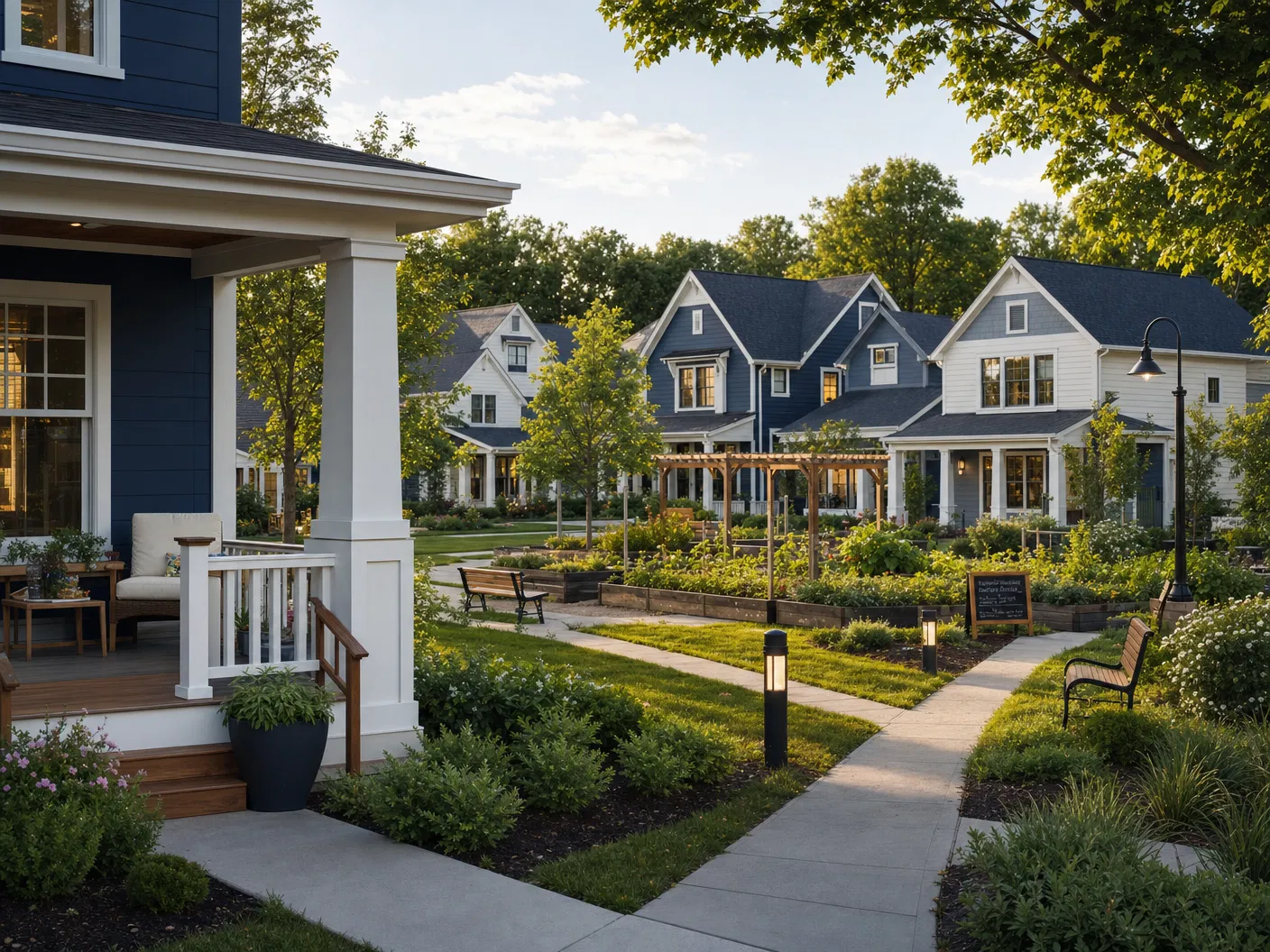 Neuroinclusive planned community — craftsman homes with shared garden spaces