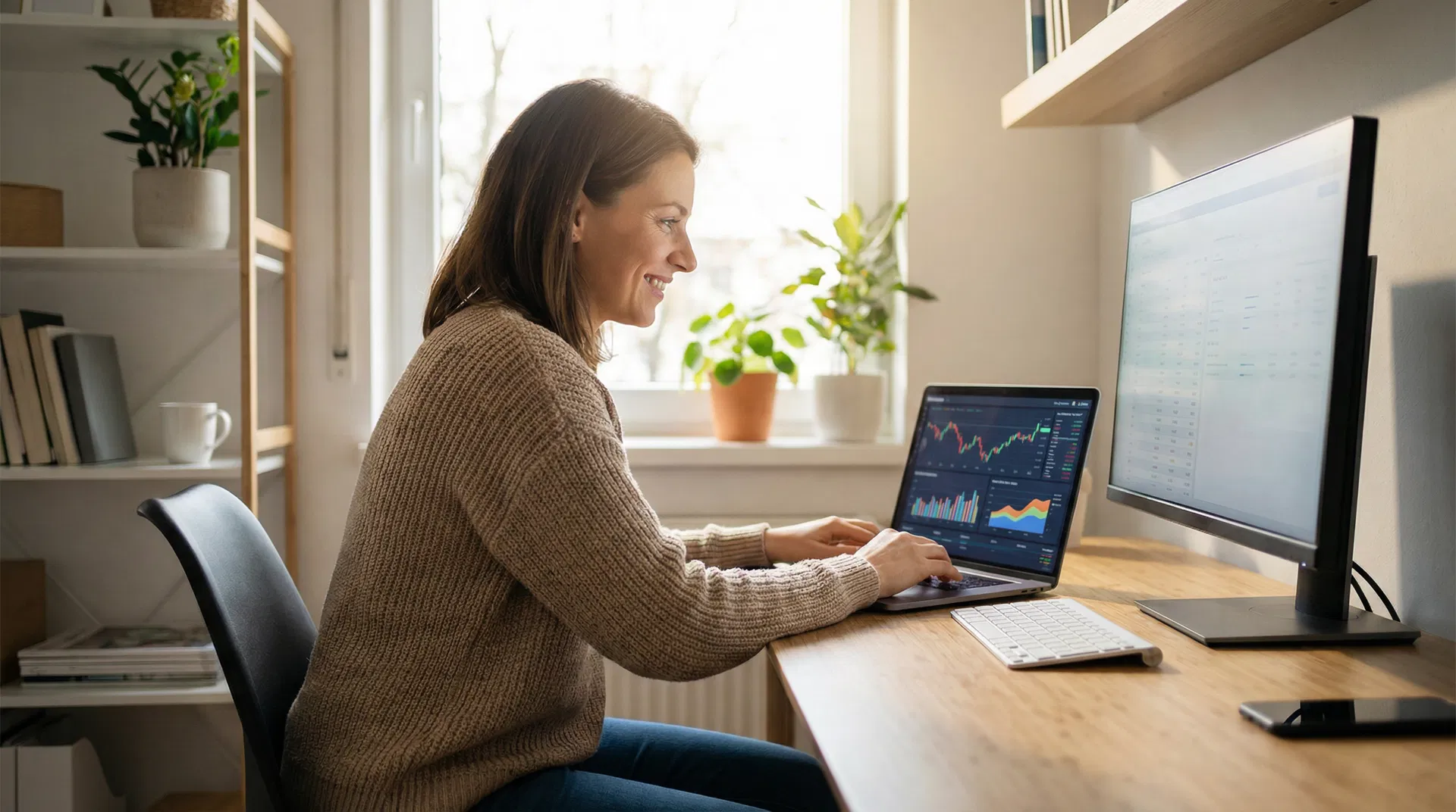 Mujer trabajando desde casa con laptop y gráficos financieros