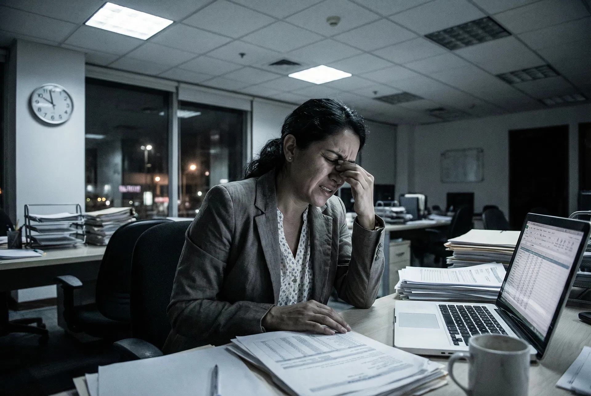 Profesional agotada trabajando de noche