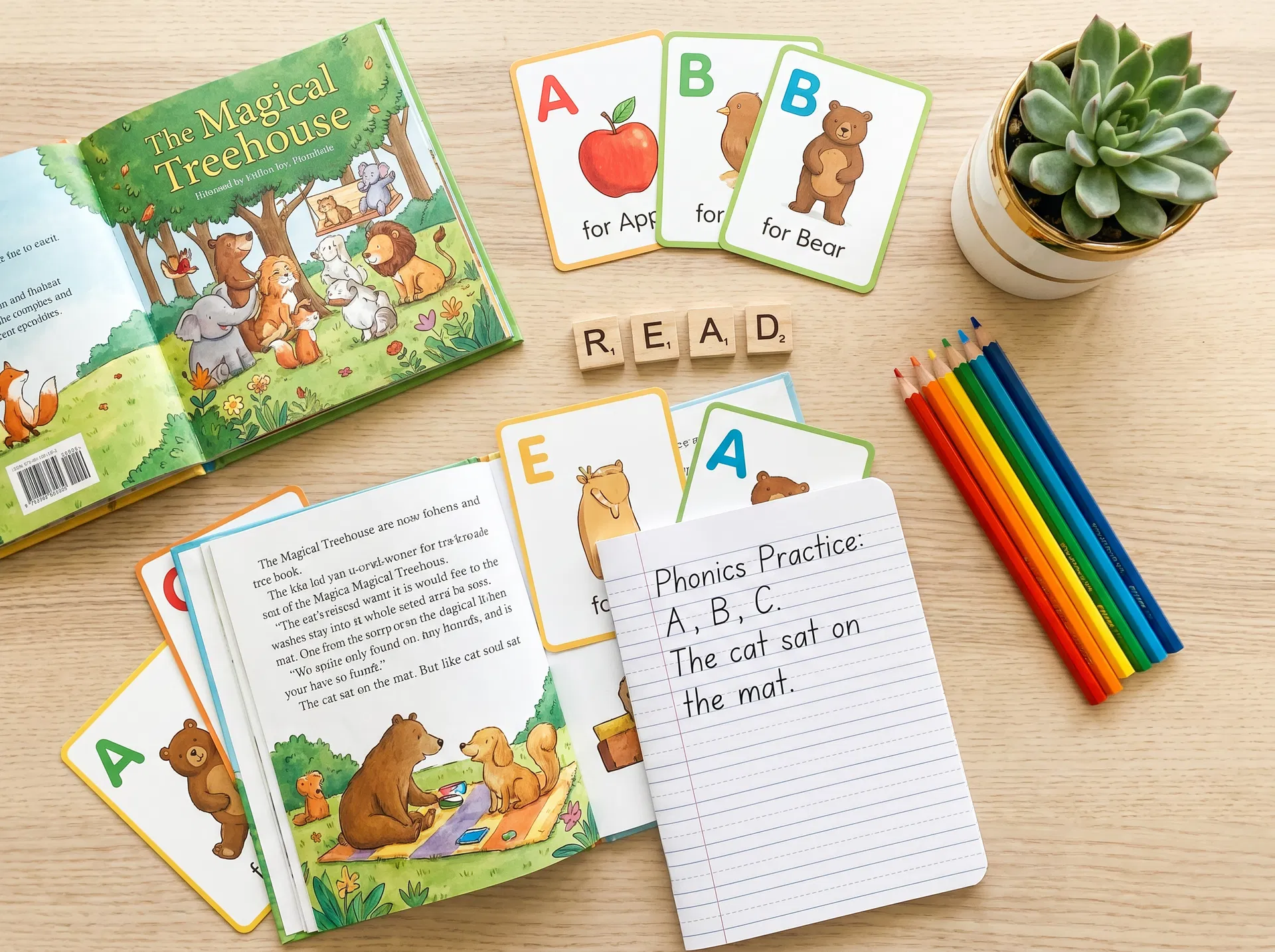 Reading materials including phonics flashcards and letter tiles