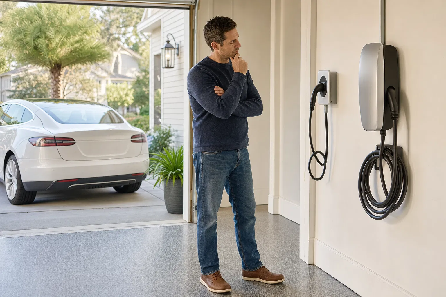 South Carolina homeowner comparing Level 1 and Level 2 EV charger wall units in a residential garage before installation