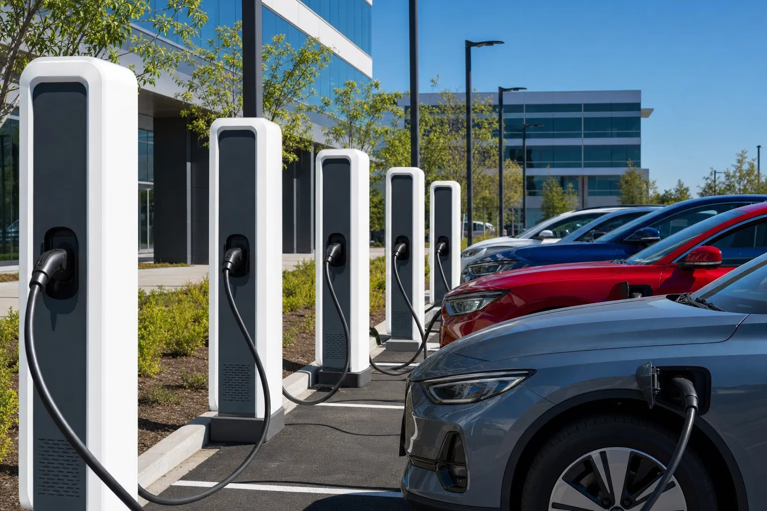 Row of commercial EV charging stations in a South Carolina business parking lot with multiple electric vehicles plugged in
