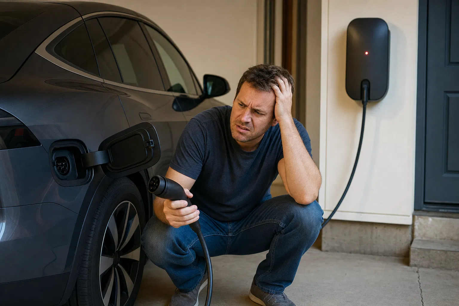 Frustrated homeowner troubleshooting a broken home EV charger showing a red error light in a South Carolina garage